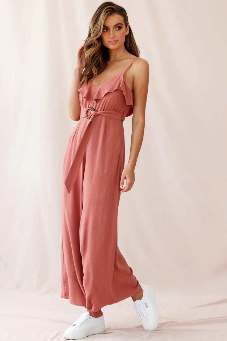 Mason Ruffle Neckline Wooden Buckle Belt Jumpsuit Rose - Image 6