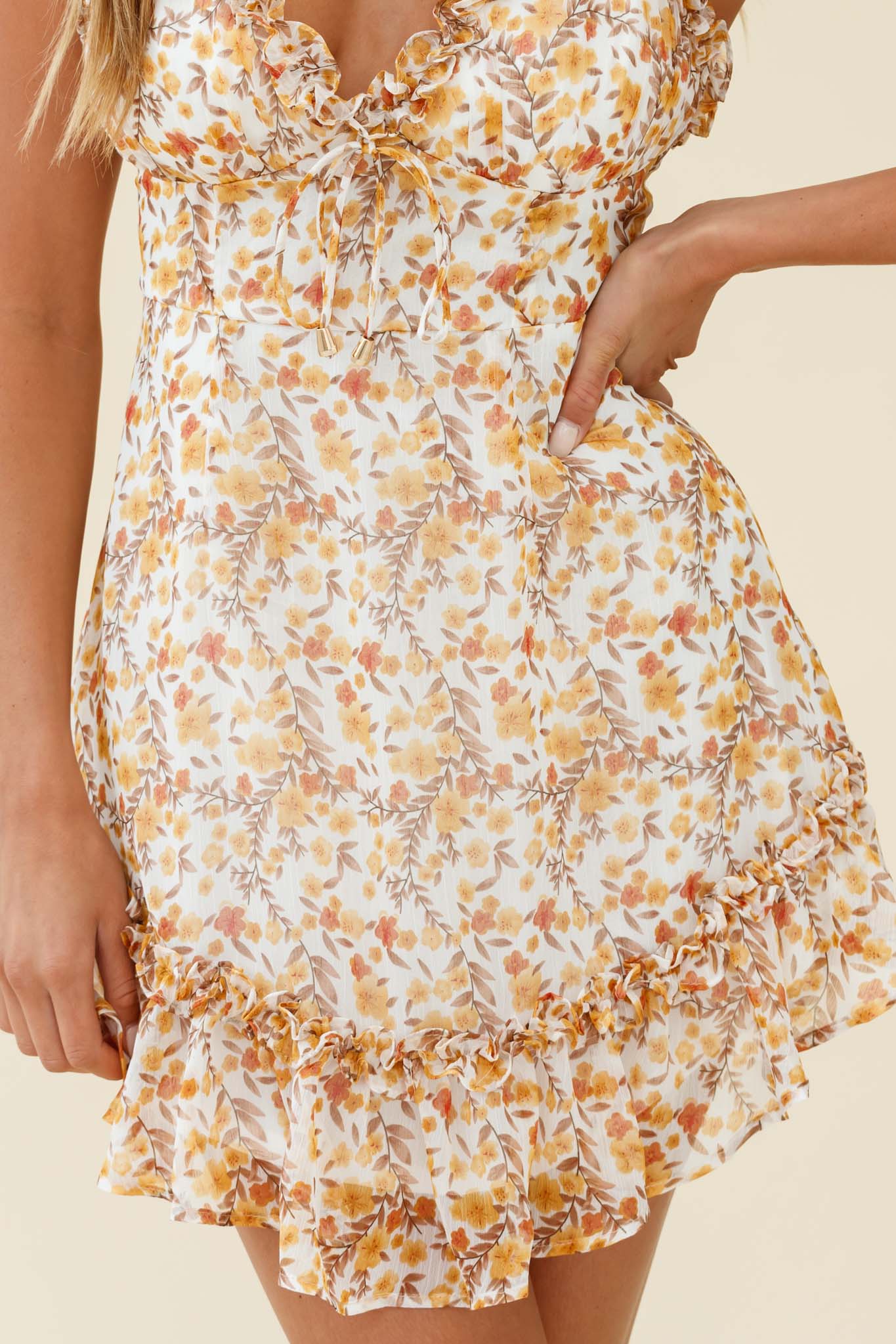 Match Maker Criss-Cross Back Frill Trim Dress Floral Print Yellow Multi - Image 4