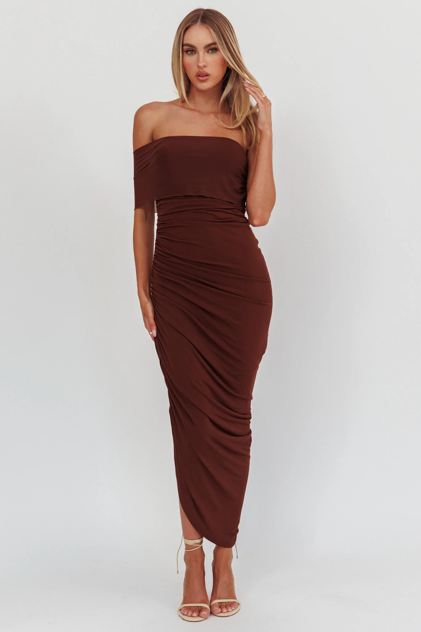 Matches One Shoulder Bodycon Maxi Dress Chocolate - Image 4