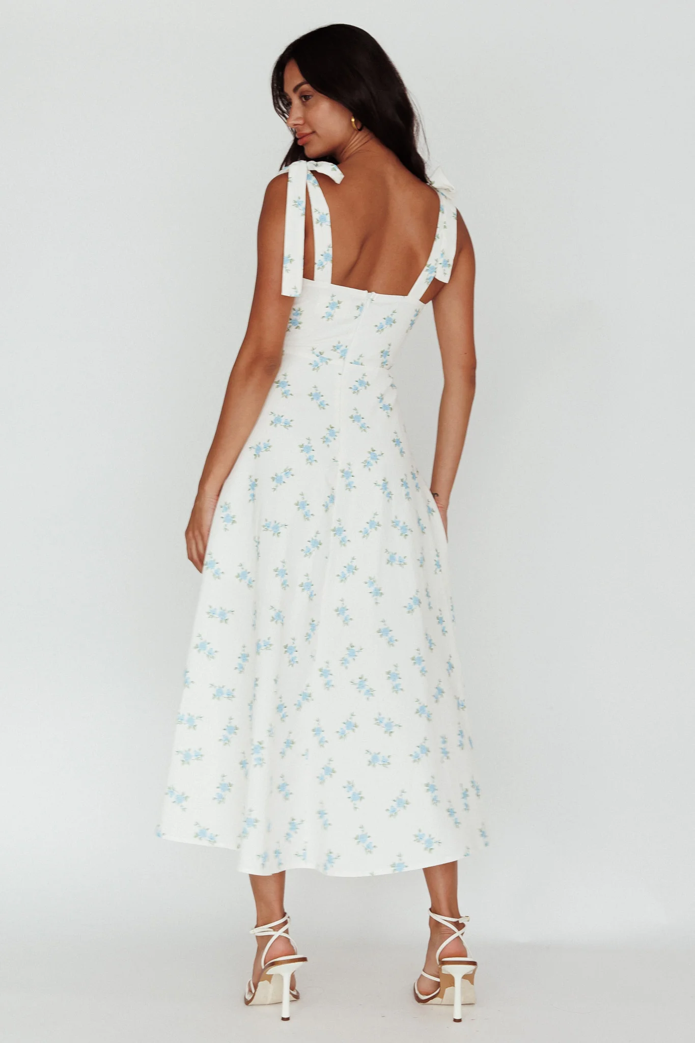 Mathilda Tied Shoulder Midi Dress Blue Floral - Image 3