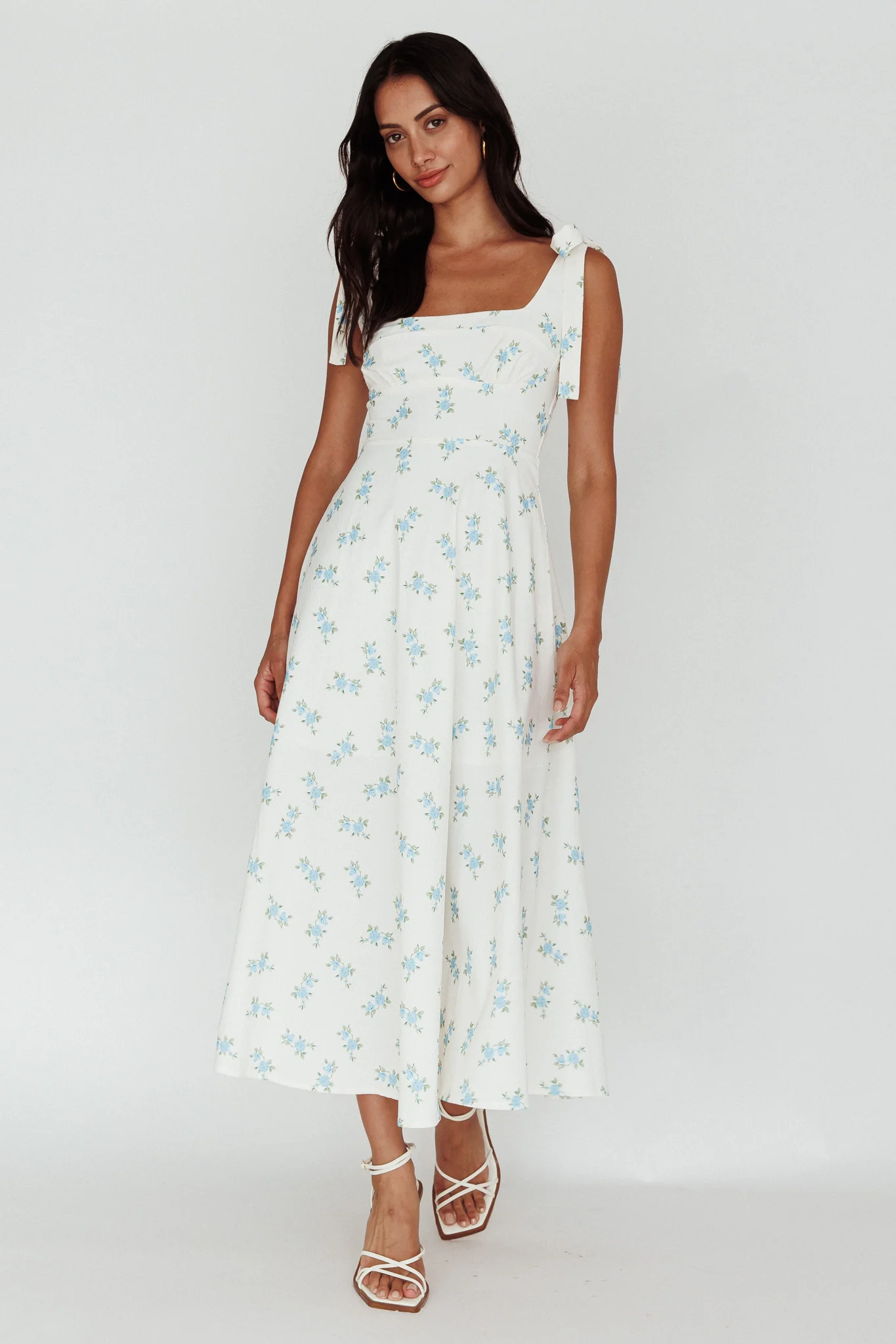 Mathilda Tied Shoulder Midi Dress Blue Floral - Image 4