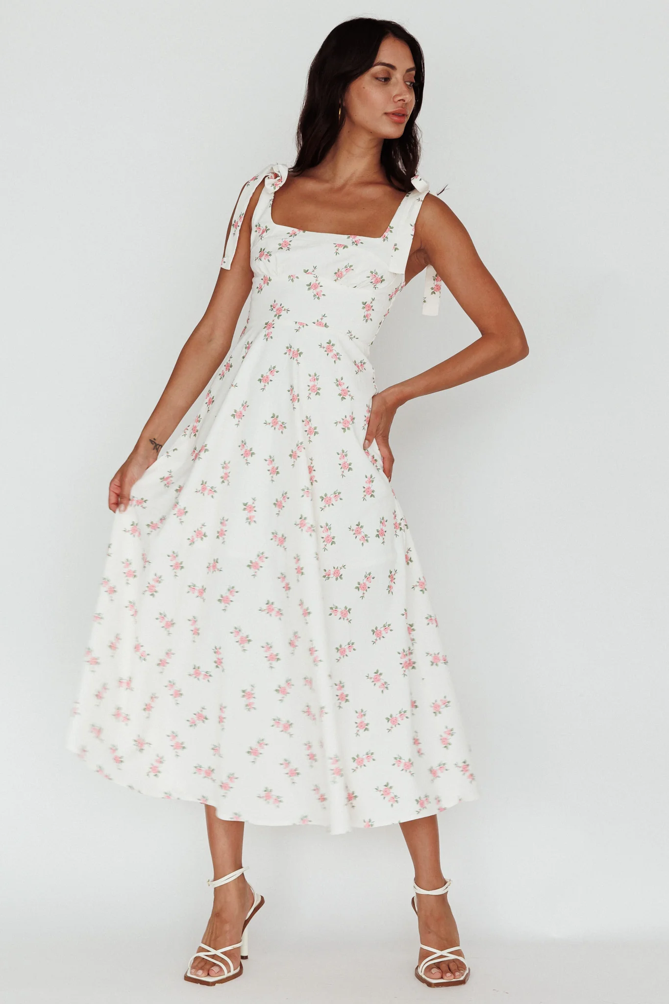 Mathilda Tied Shoulder Midi Dress Pink Floral - Image 3