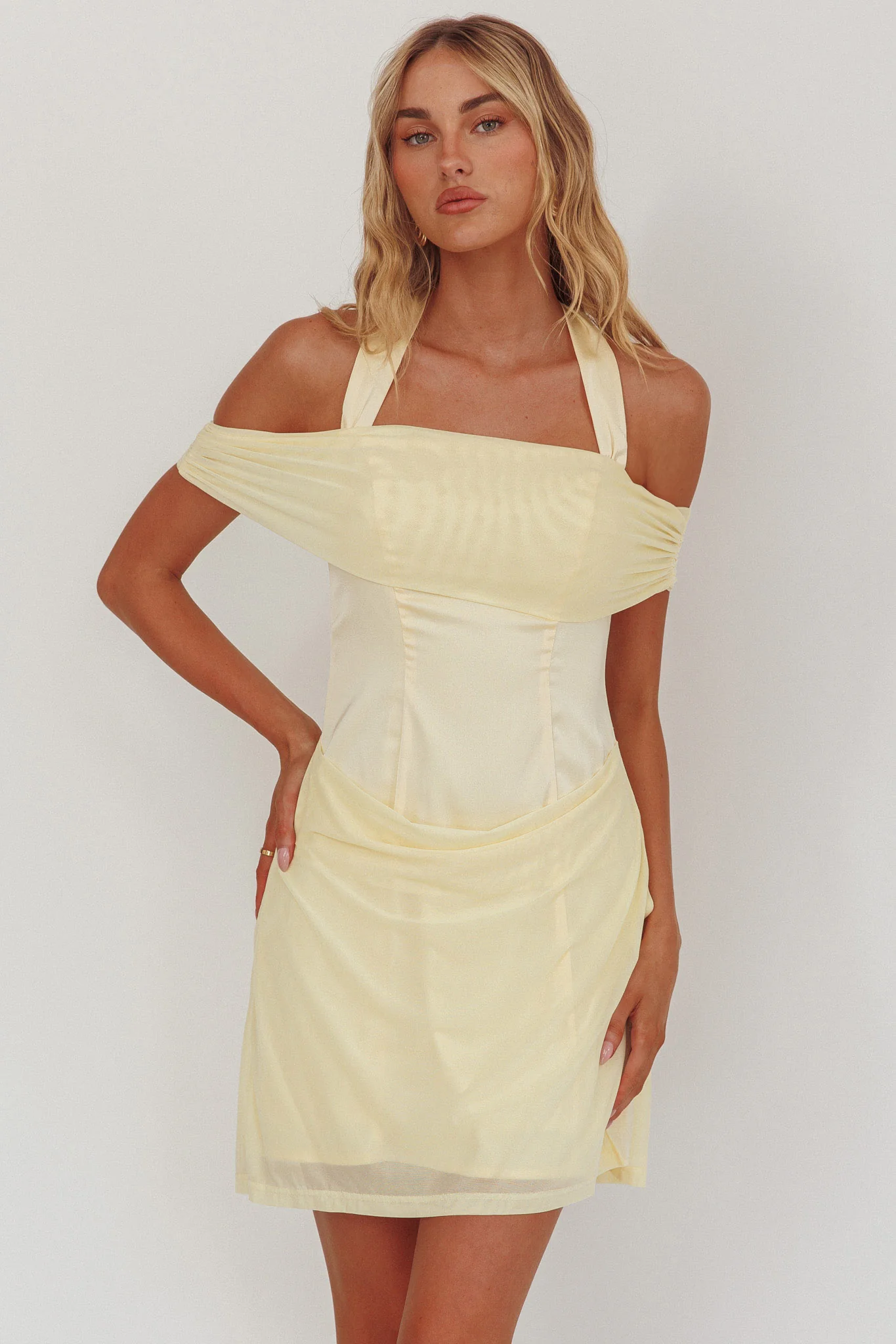 Matias Off-Shoulder Sleeve Halter Mini Dress Butter - Image 5