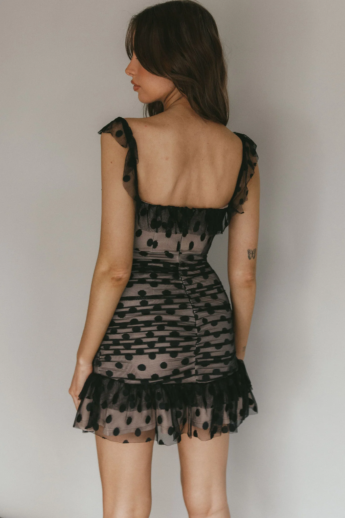 Matilda Frill Trim Mesh Mini Dress Polka Dot Black - Image 2