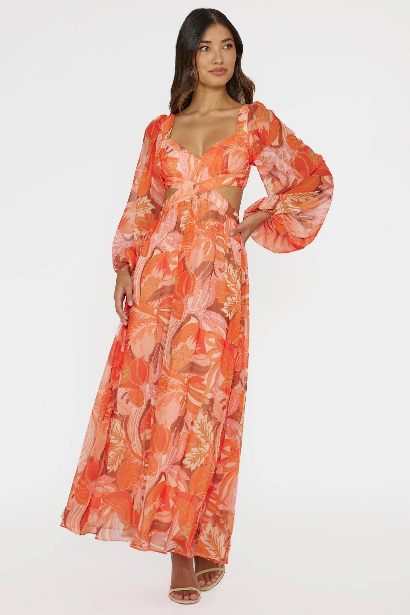 Maura Long Sleeve Lace-Up Back Dress Floral Orange - Image 5