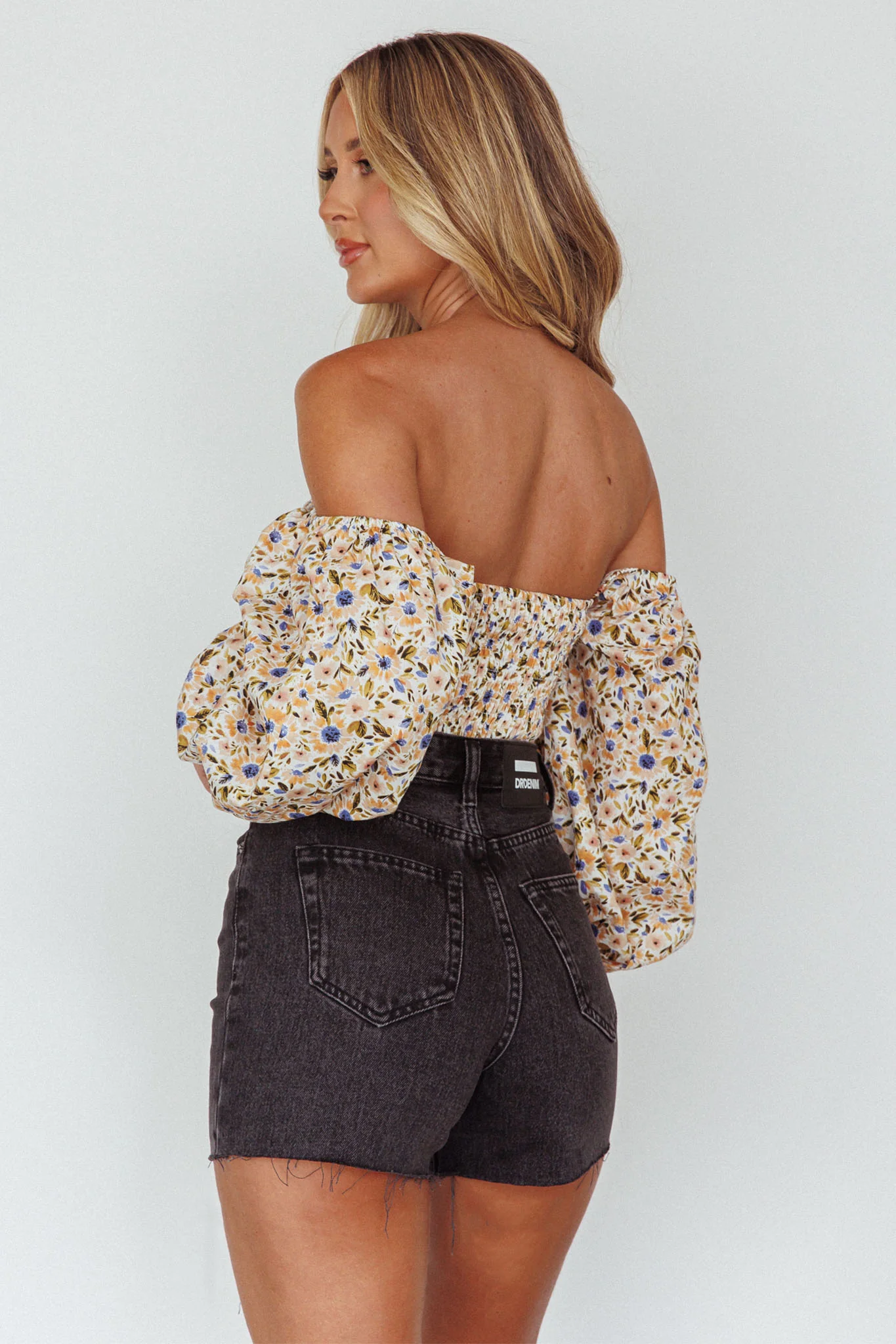 Maureen Off-Shoulder Shirred Crop Top Orange Multi - Image 2