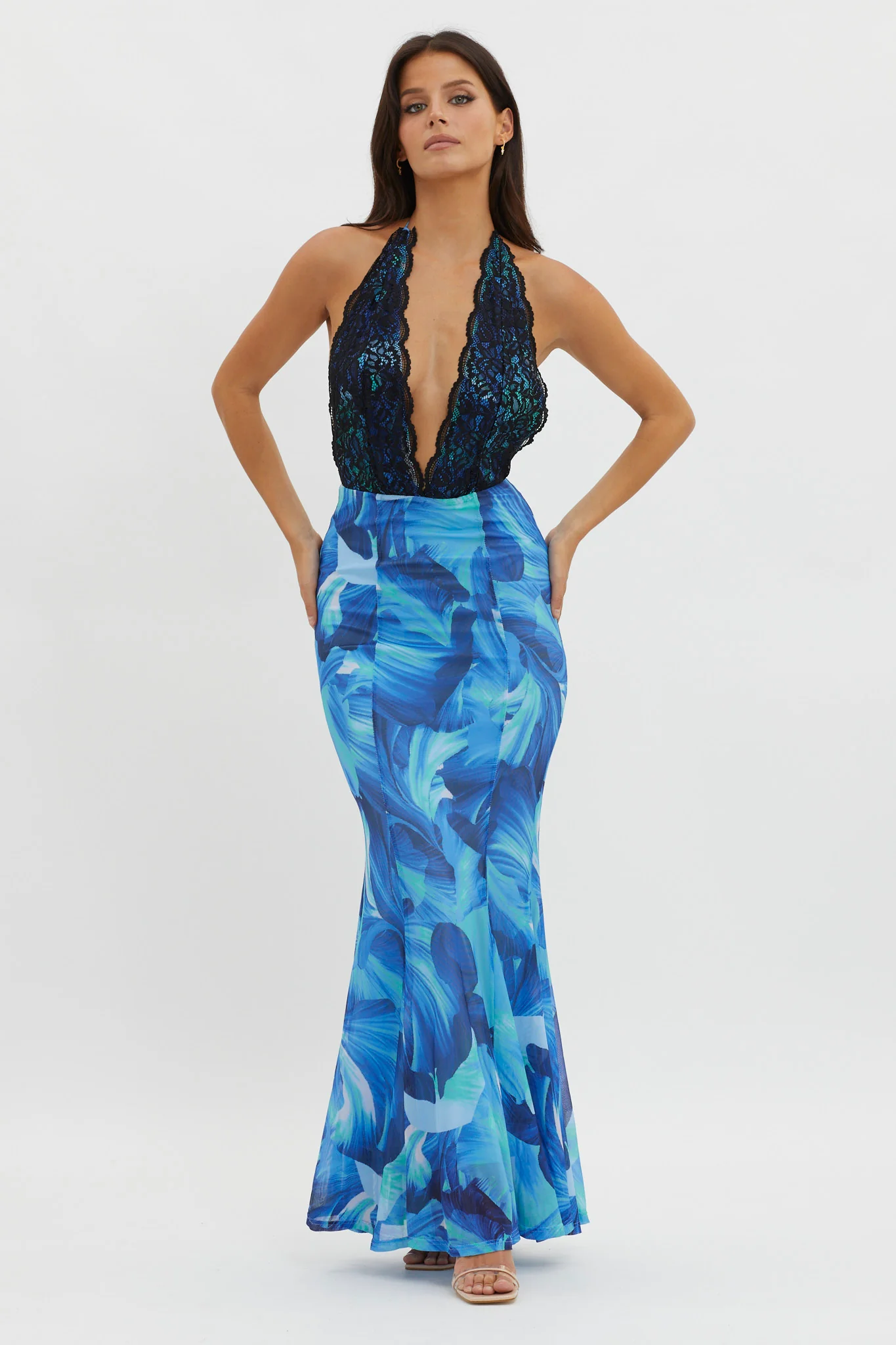 Mayah Lace Halterneck Maxi Dress Abstract Blue - Image 5