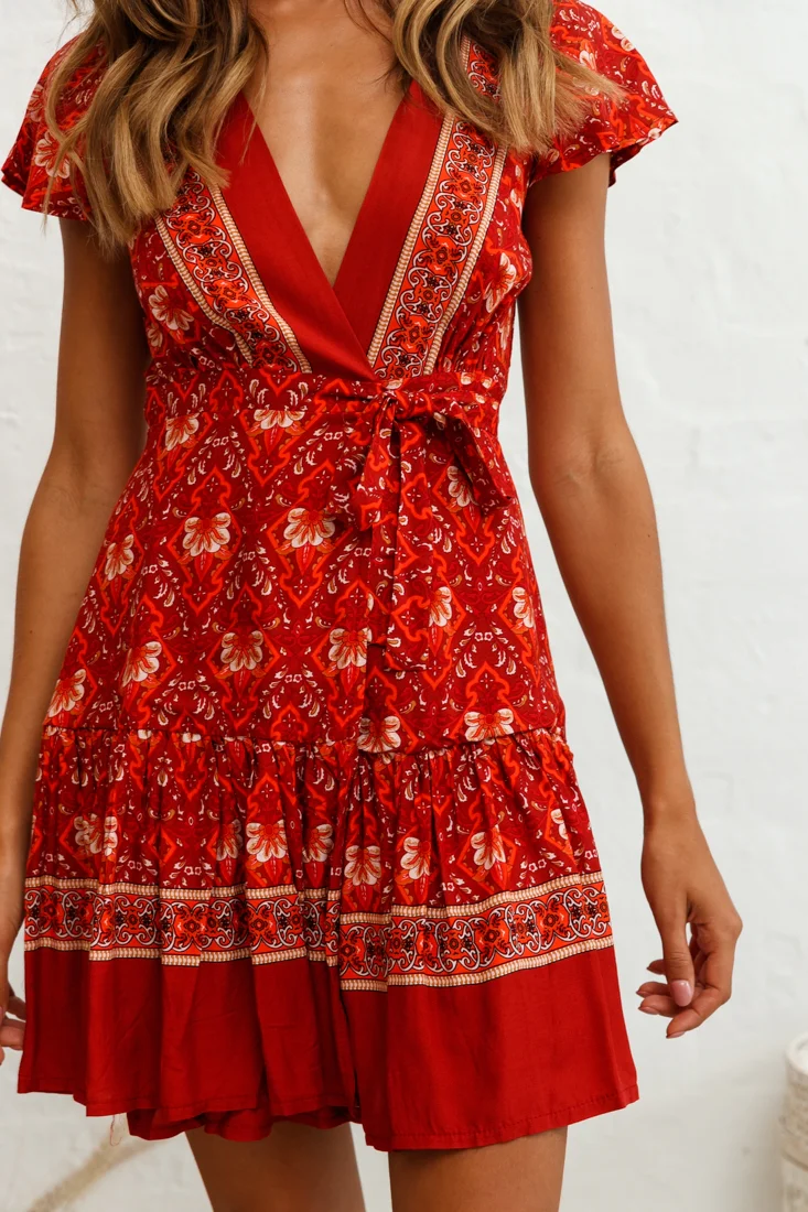 Mayan Angel Sleeve Waist Tie Dress Red Paisley Print - Image 5