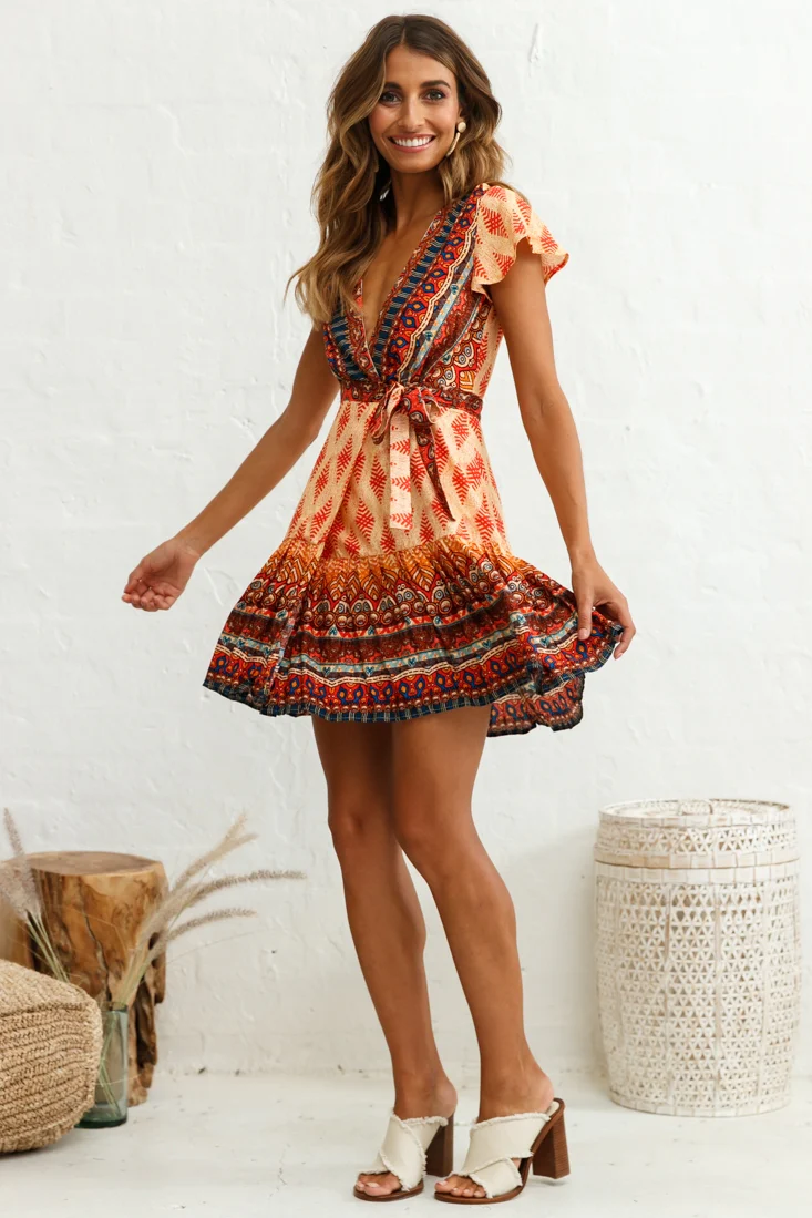 Mayan Angel Sleeve Waist Tie Dress Red Print - Image 3