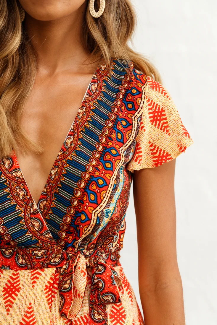 Mayan Angel Sleeve Waist Tie Dress Red Print - Image 5
