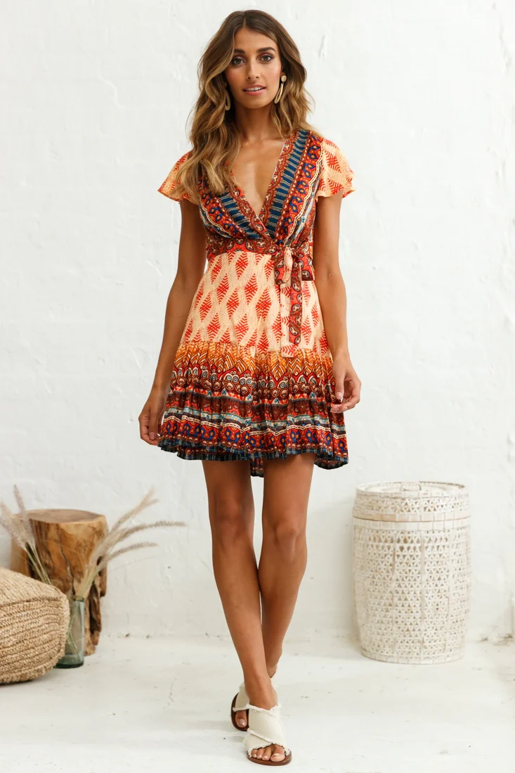 Mayan Angel Sleeve Waist Tie Dress Red Print - Image 6