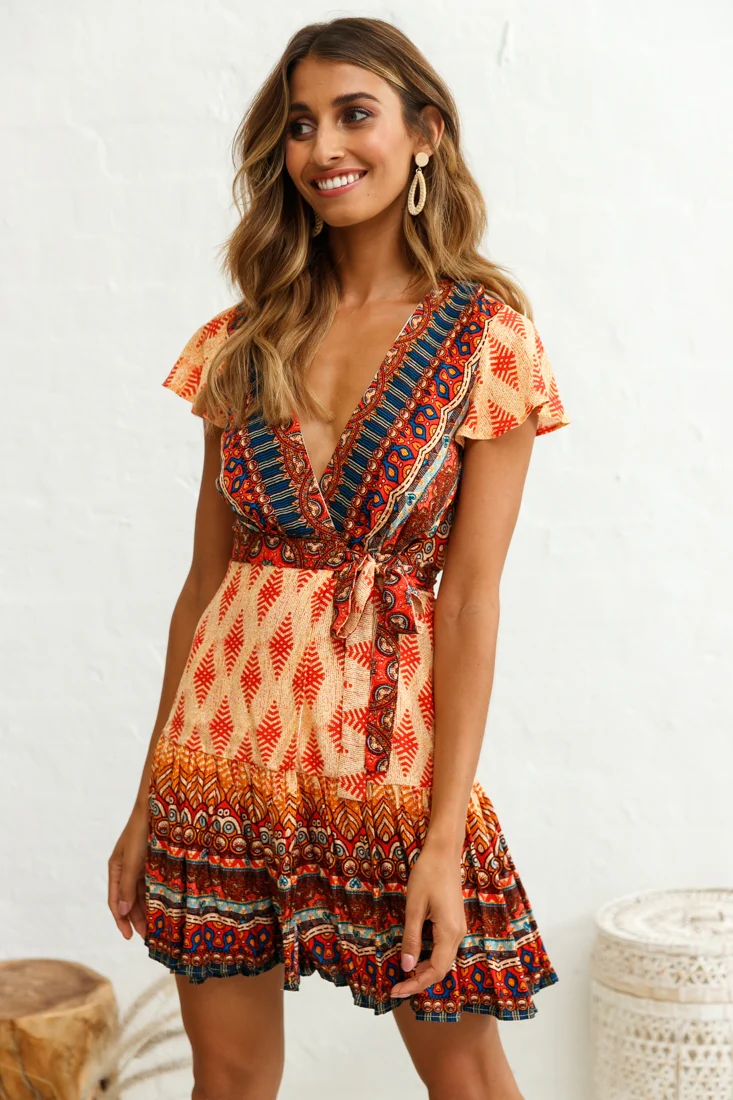 Mayan Angel Sleeve Waist Tie Dress Red Print - Image 7