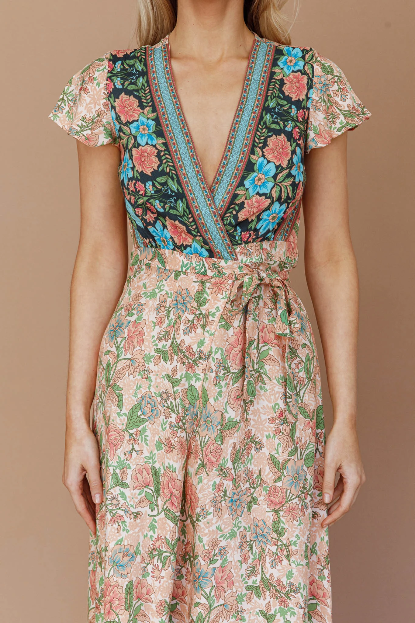 Mayan Angel Sleeve Wrap Midi Dress Floral Nude - Image 5