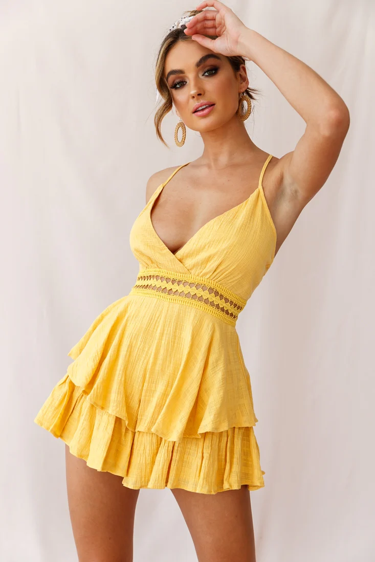 Maybe Baby Lace Trim Fluted Hem Romper Mustard - Image 7