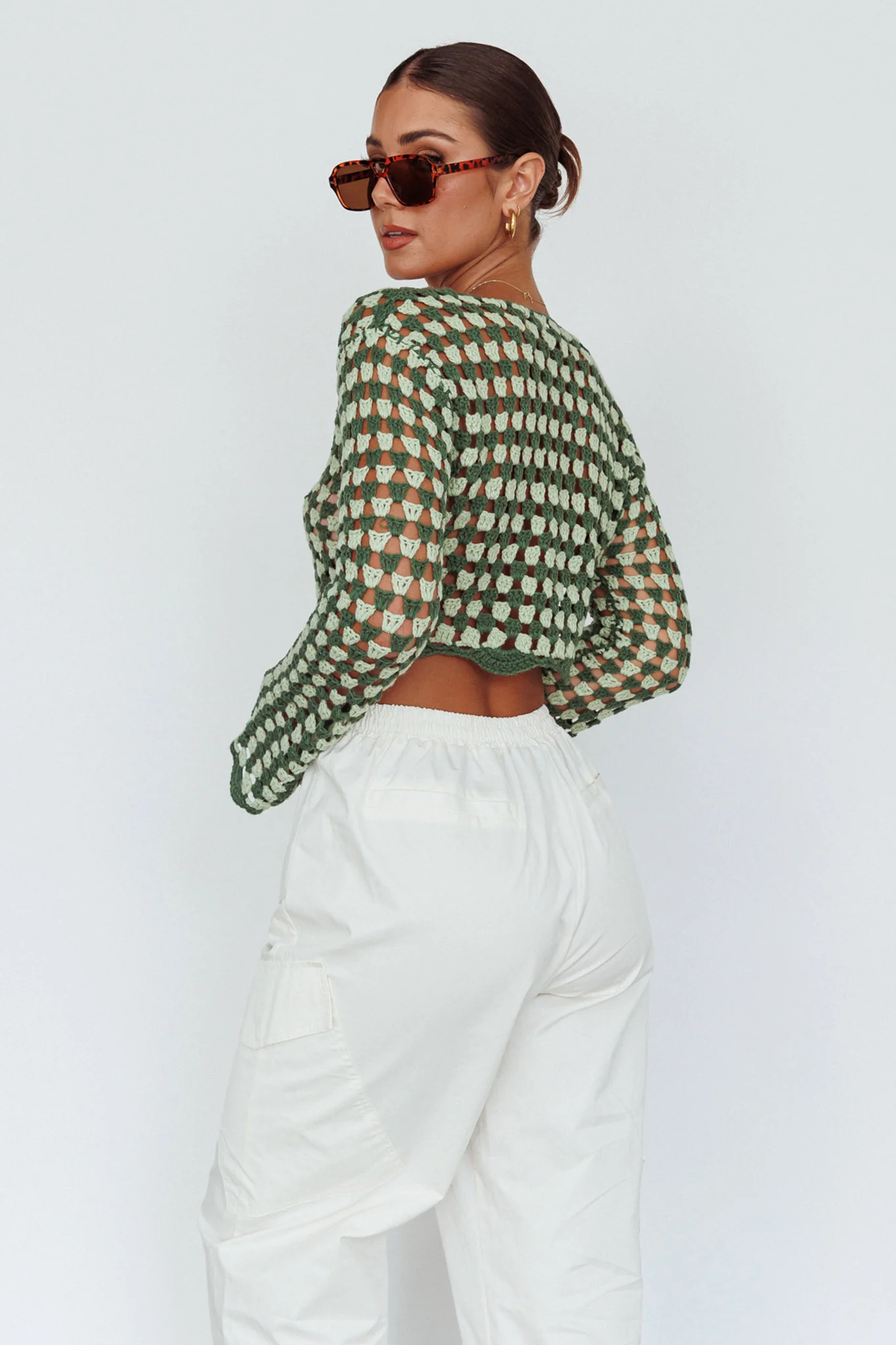 Maycie Long Sleeve Crochet Crop Top Green Multi - Image 2