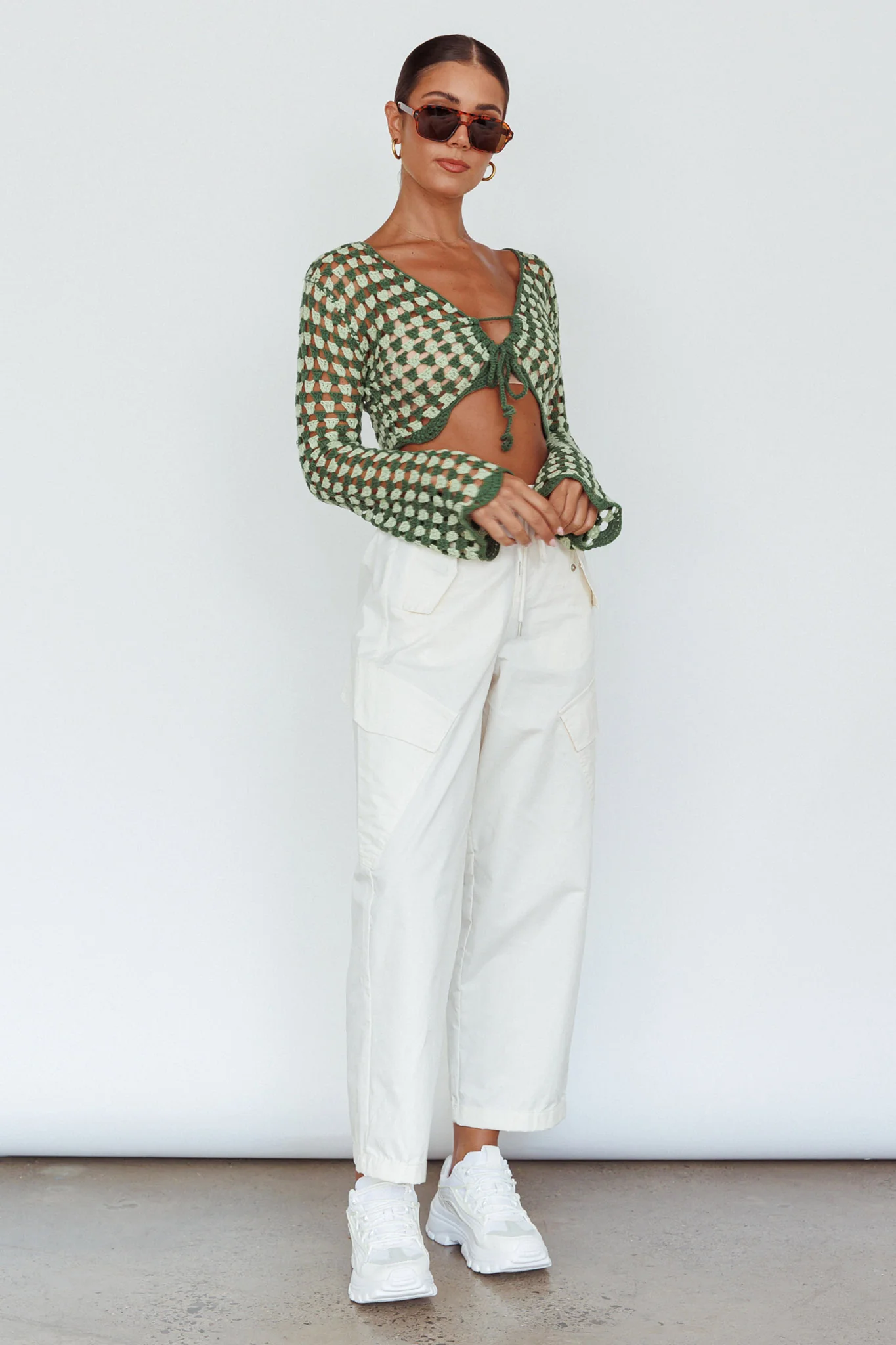 Maycie Long Sleeve Crochet Crop Top Green Multi - Image 5
