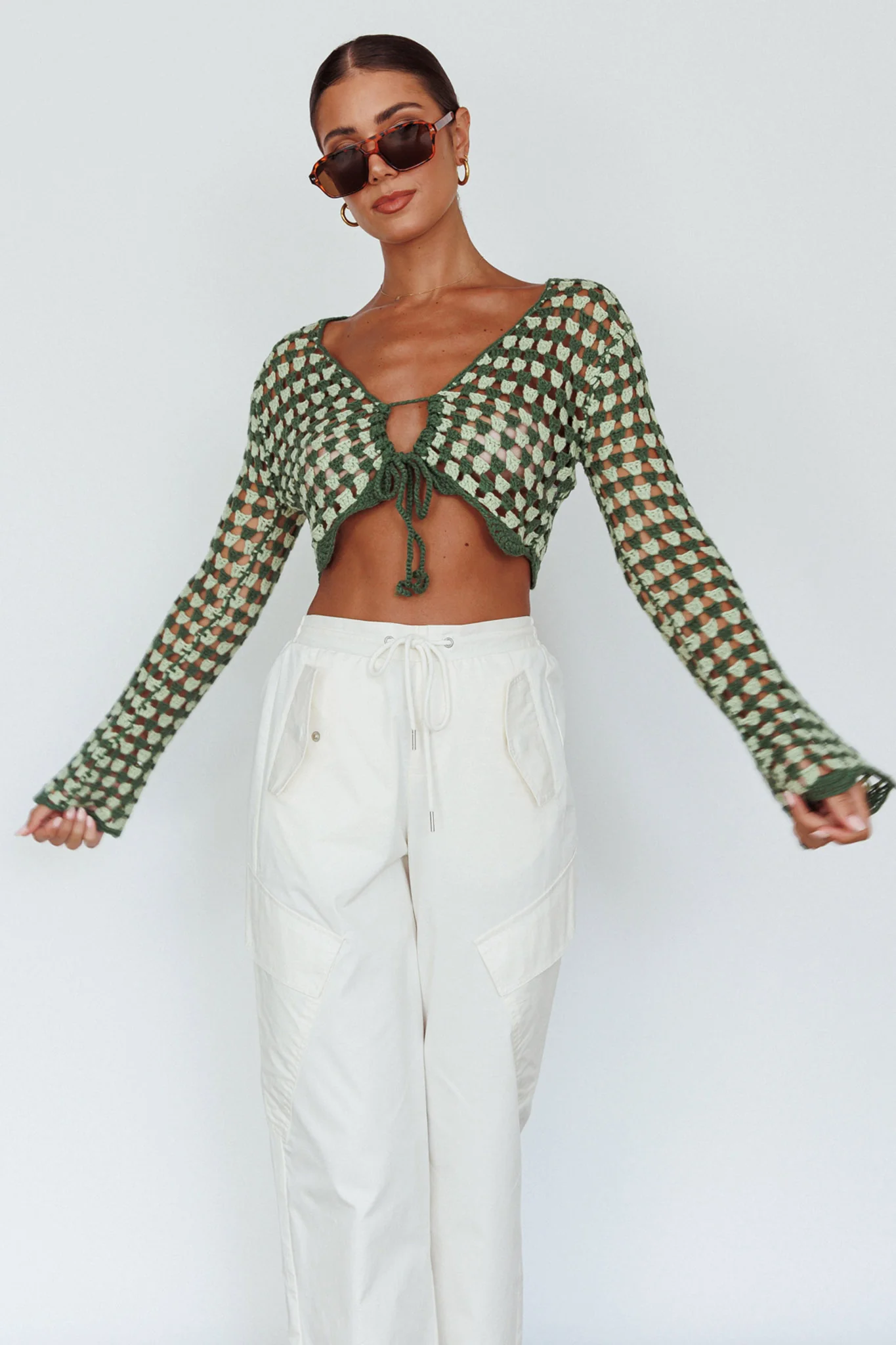Maycie Long Sleeve Crochet Crop Top Green Multi - Image 7