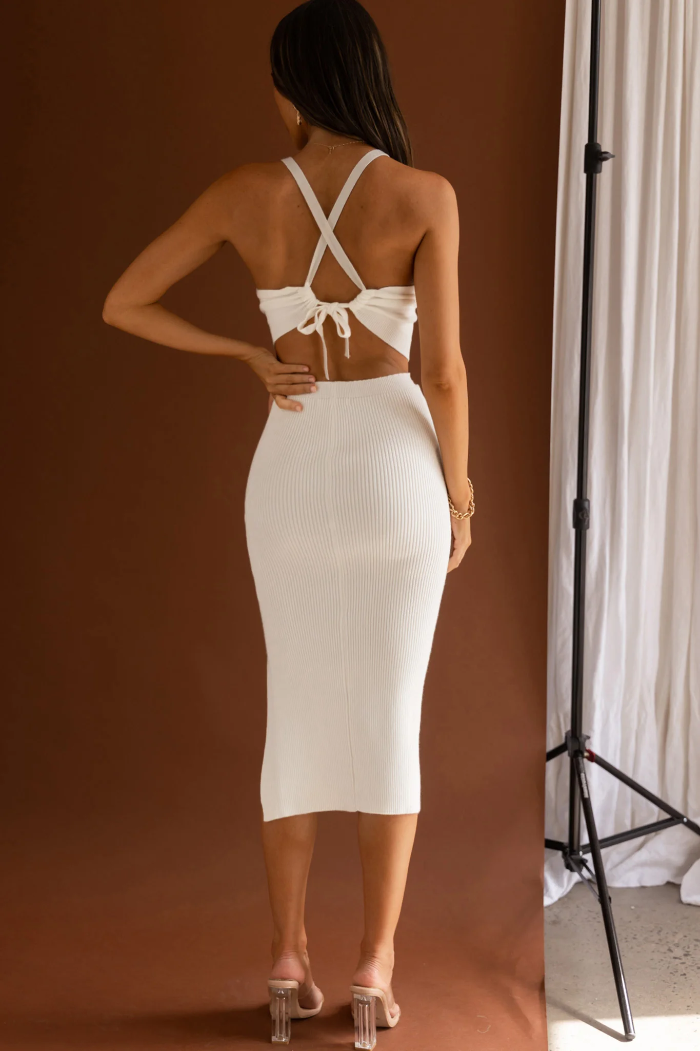Mayfair Tie-Up Back Thigh Split Knit Midi Dress White - Image 2