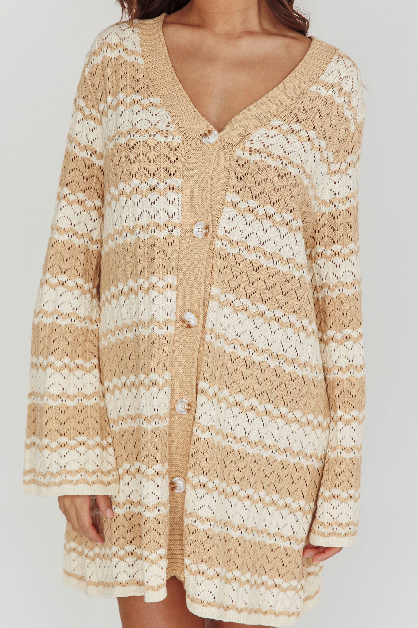 Maysah Button-Up Knit Shirt Dress Nude Ivory - Image 4