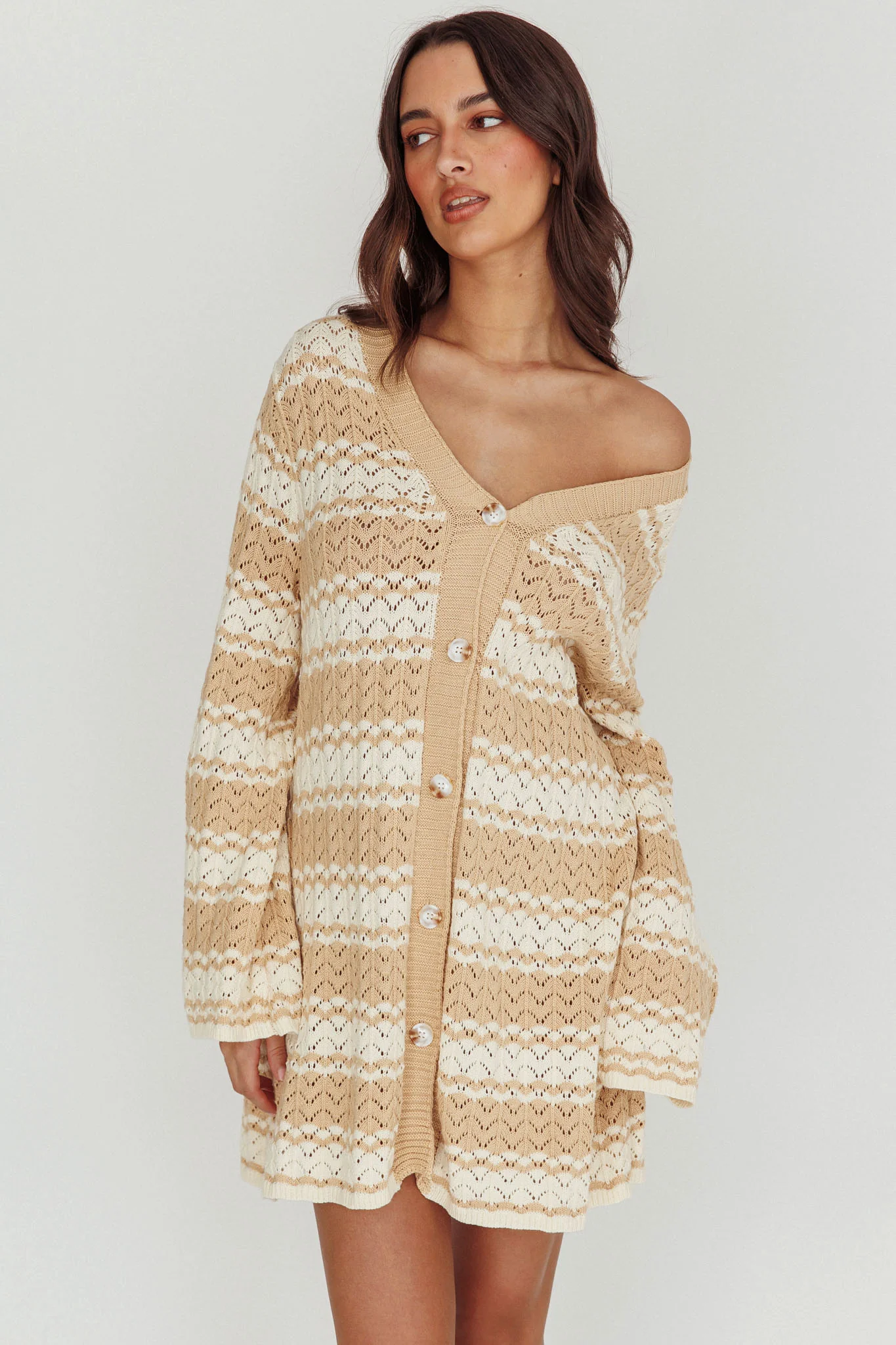 Maysah Button-Up Knit Shirt Dress Nude Ivory - Image 5