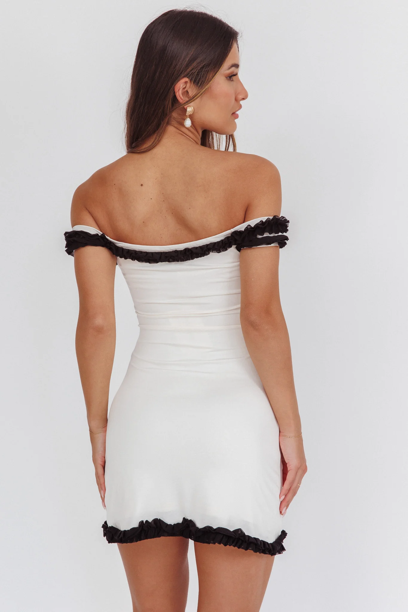 Maysie Off-Shoulder Frill Trim Mini Dress Cream - Image 2