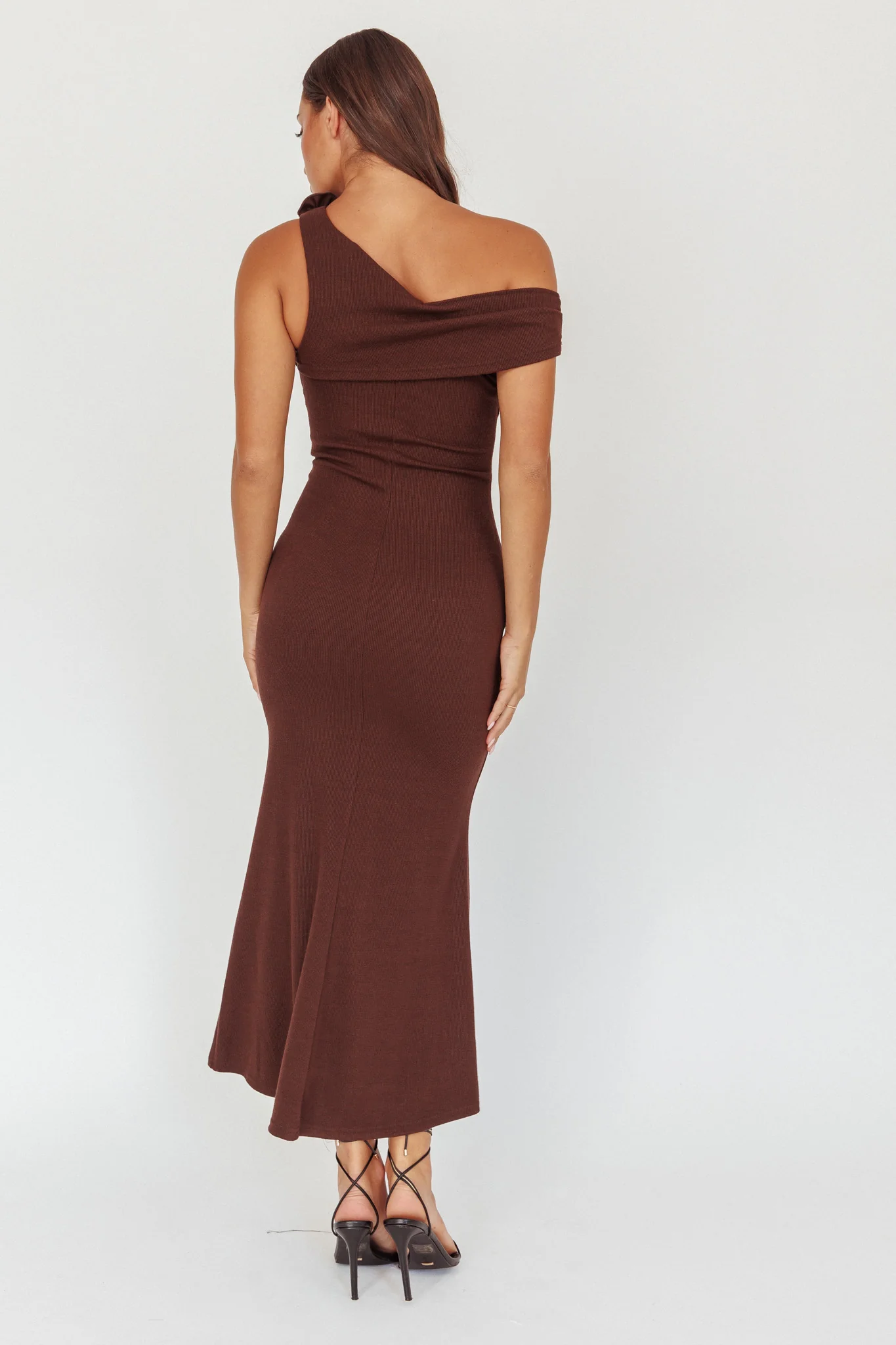 Mazon One-Shoulder Knit Maxi Dress Chocolate - Image 2