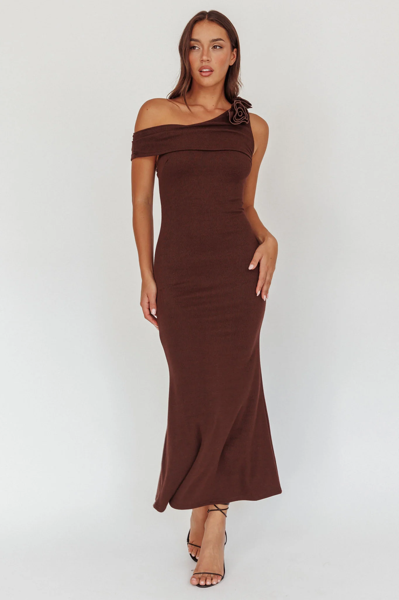 Mazon One-Shoulder Knit Maxi Dress Chocolate - Image 4