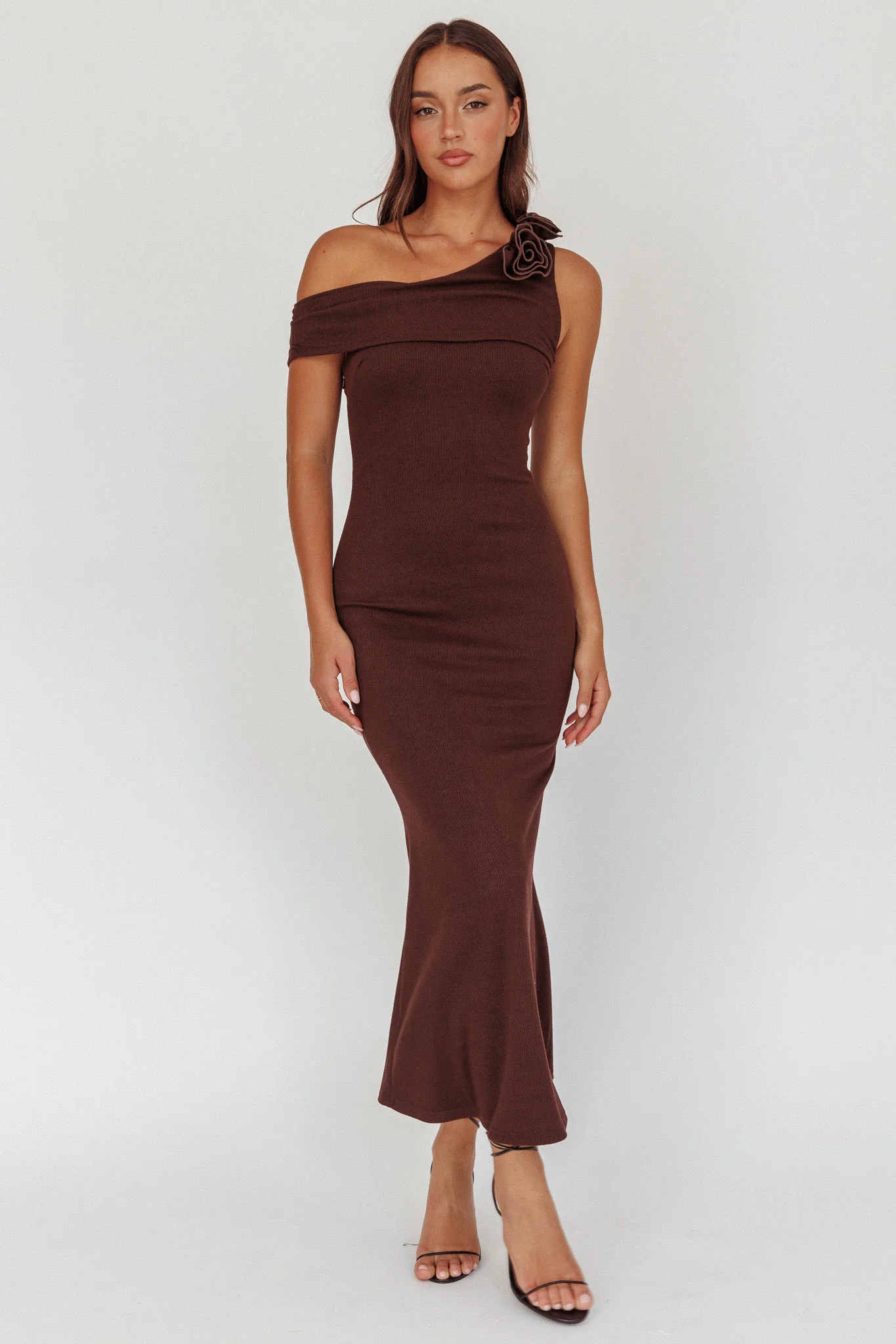 Mazon One-Shoulder Knit Maxi Dress Chocolate - Image 5