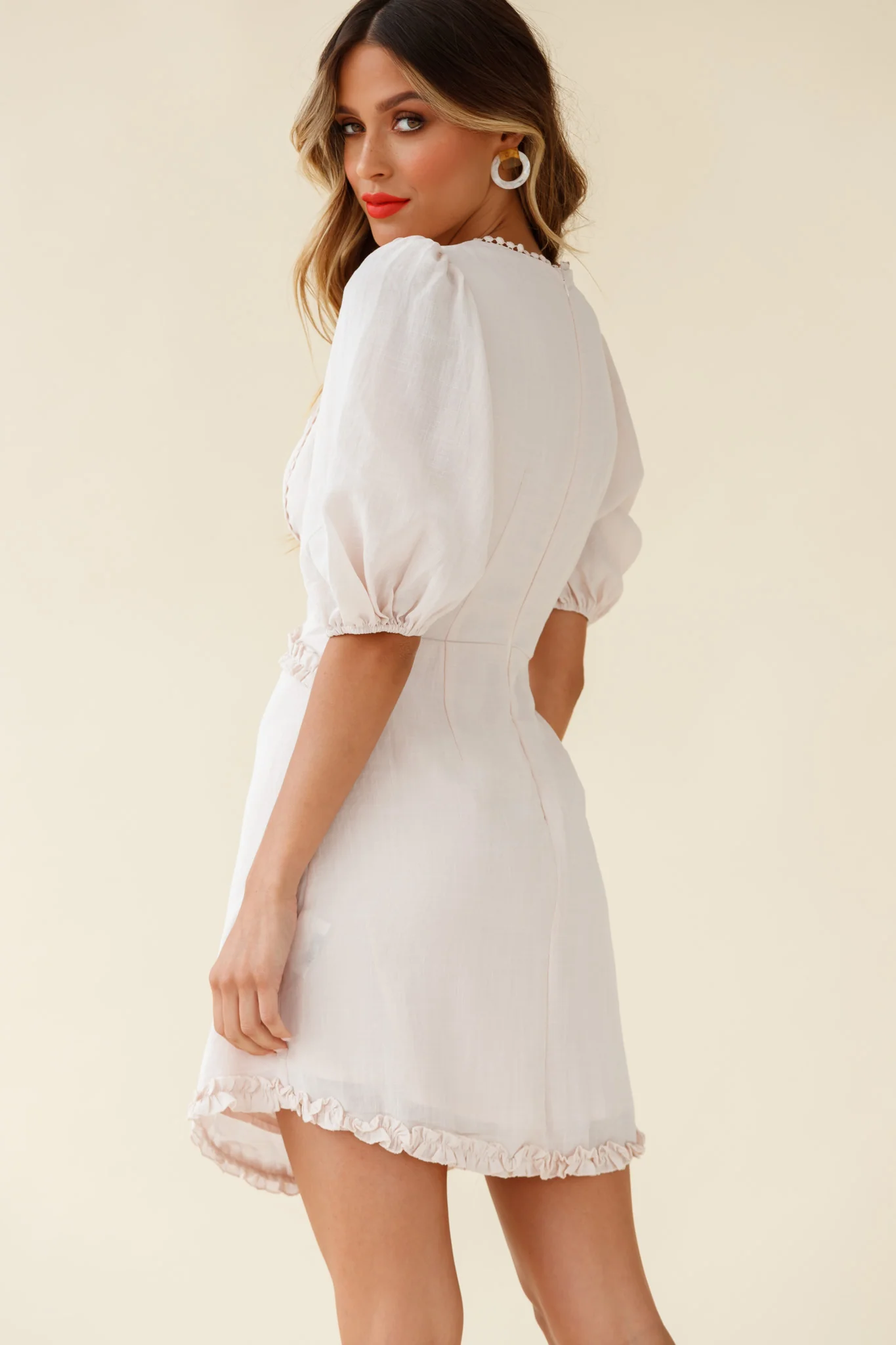 Meant To Be Puff Sleeve Frill Detail Dress Beige - Image 3