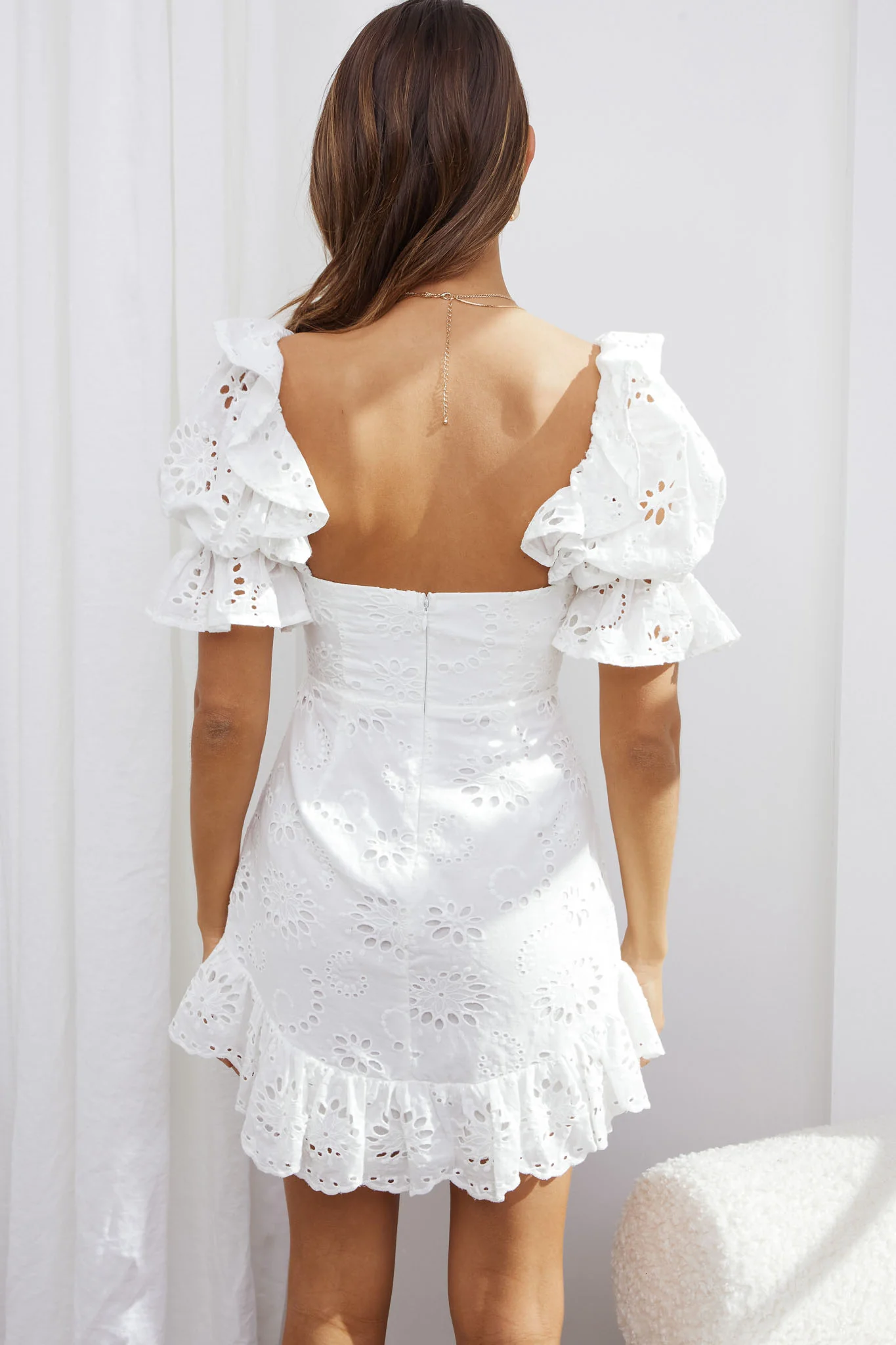 Meet Cute Twist Bust Puff Sleeve Eyelet Dress White - Image 6