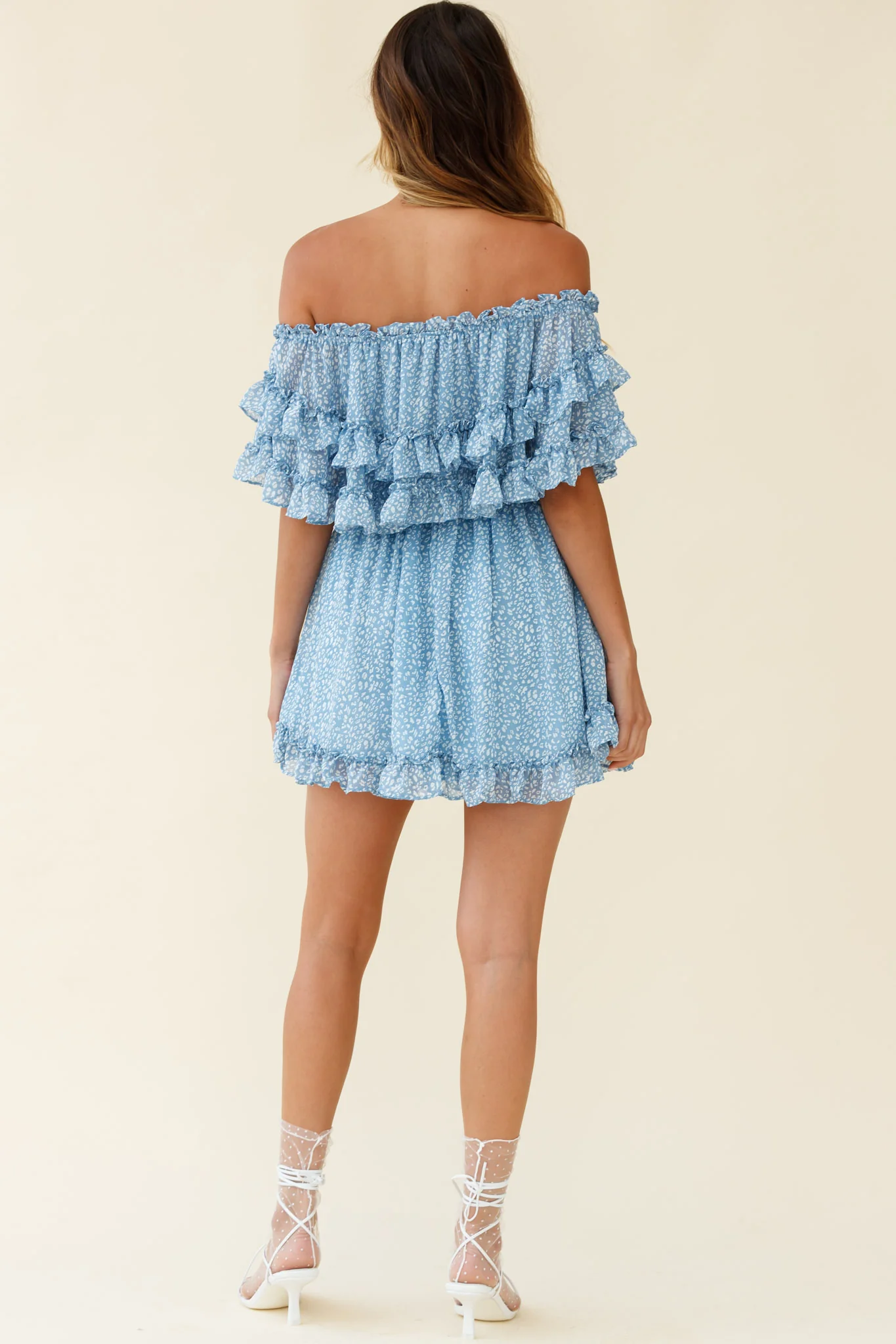 Meet Me At Sunset Bardot Neckline Frill Trim Dress Speckle Print Blue - Image 3