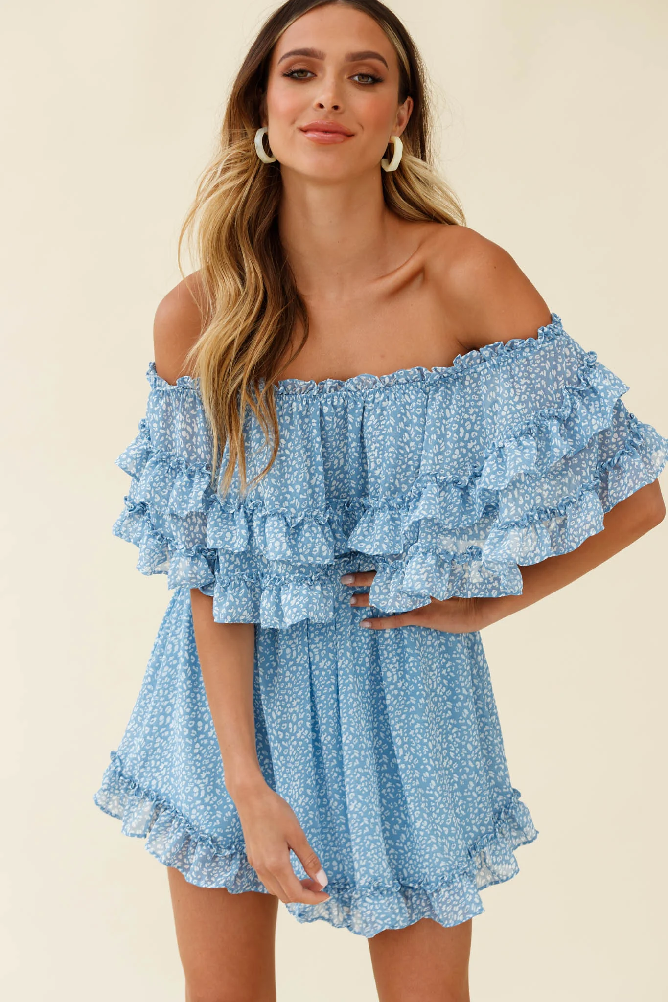 Meet Me At Sunset Bardot Neckline Frill Trim Dress Speckle Print Blue - Image 5