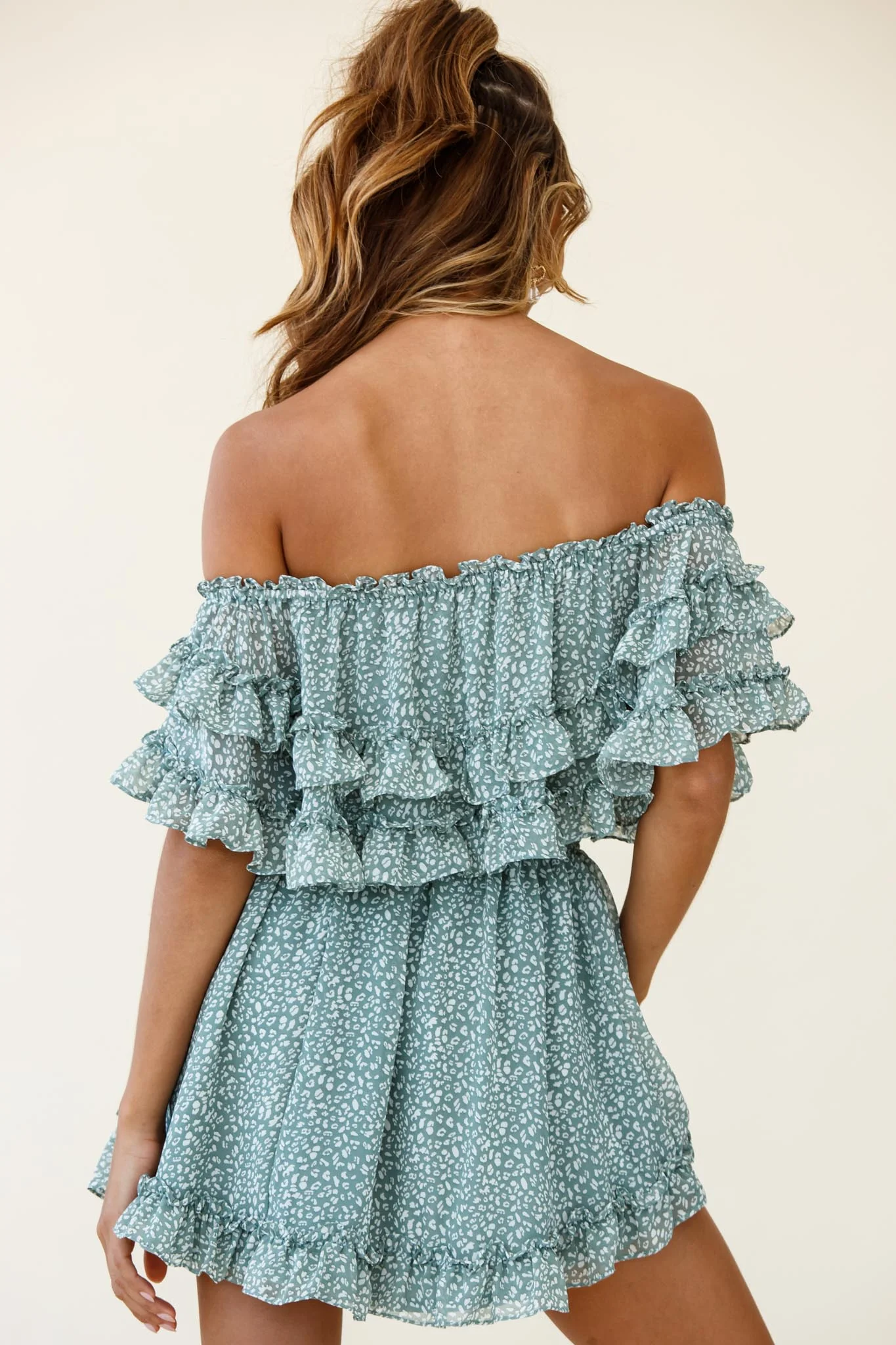 Meet Me At Sunset Bardot Neckline Frill Trim Dress Speckle Print Olive - Image 3