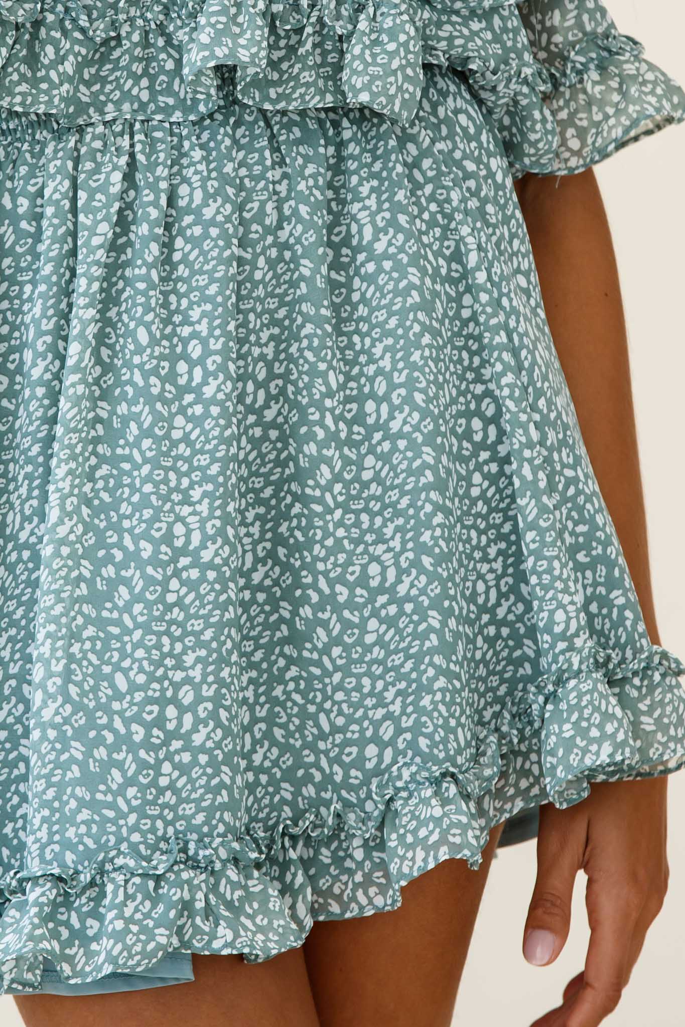 Meet Me At Sunset Bardot Neckline Frill Trim Dress Speckle Print Olive - Image 4