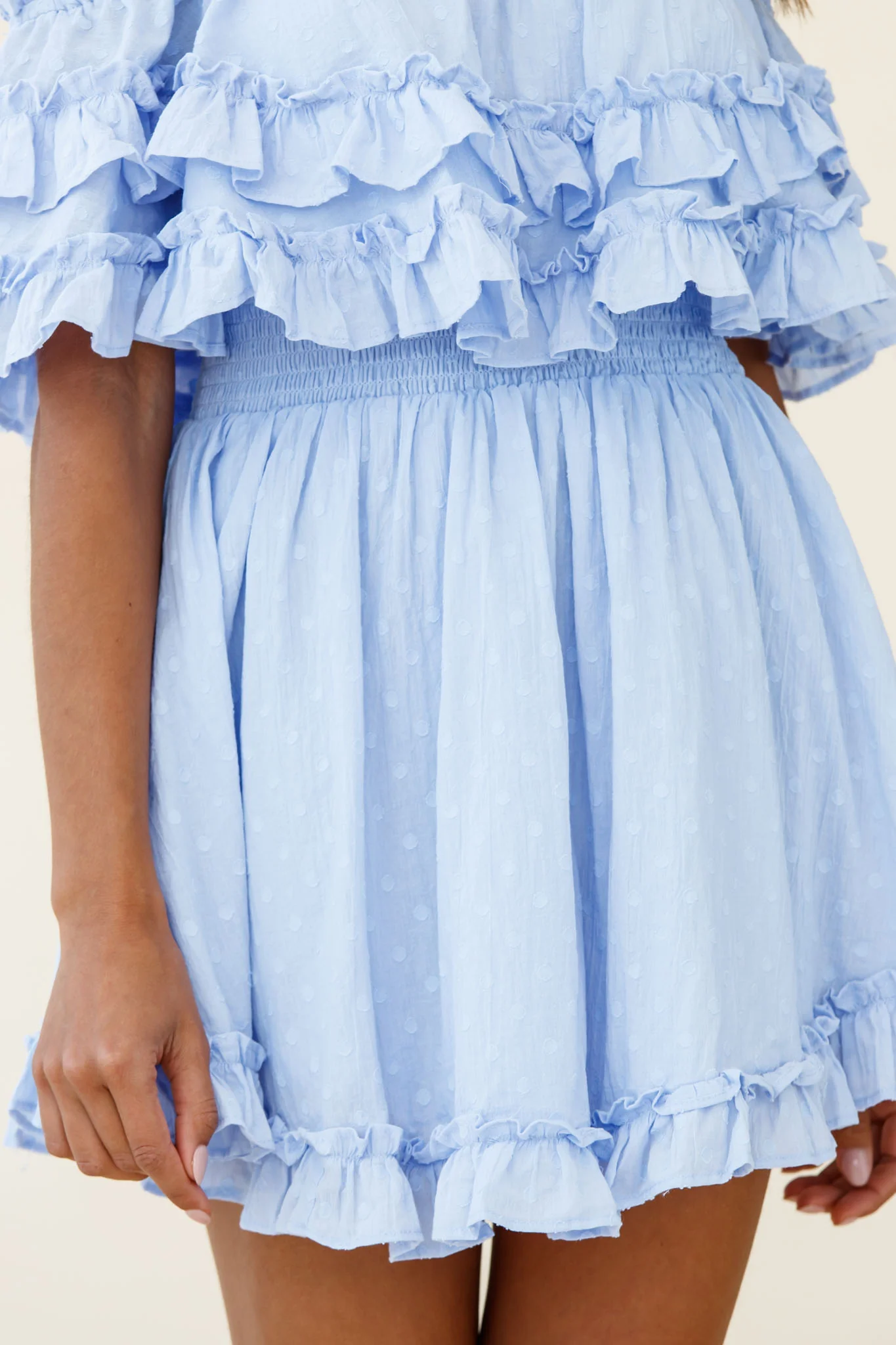 Meet Me At Sunset Bardot Neckline Frill Trim Dress Spotty Steel Blue - Image 4