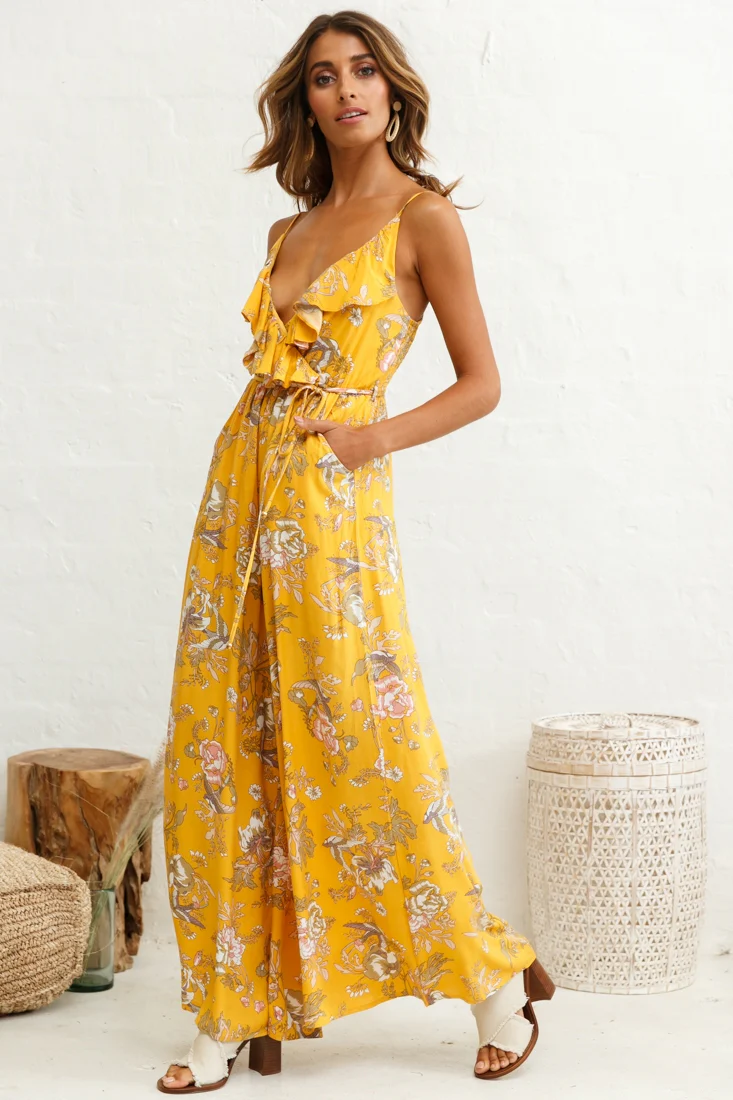 Melita Ruffle V-Neckline Jumpsuit Mustard Print - Image 3