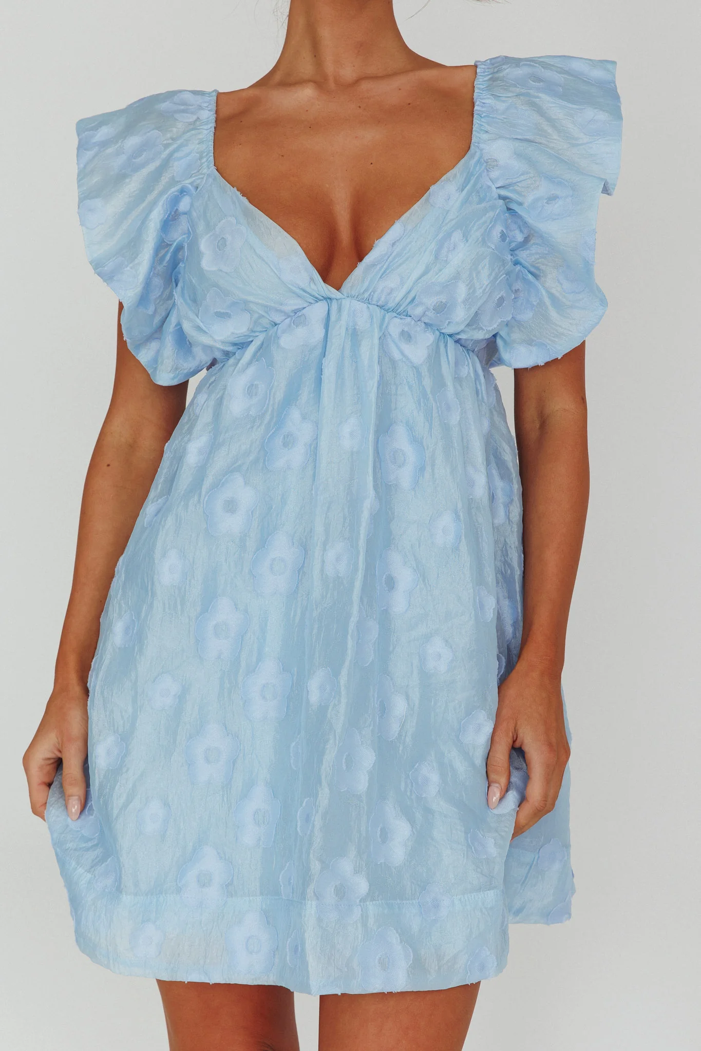 Melrose Place Floral Textured Frill Dress Powder Blue - Image 4