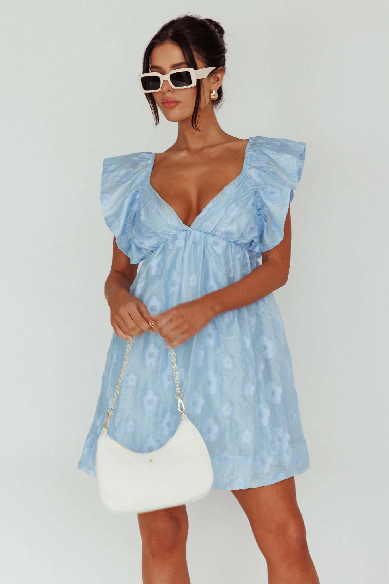 Melrose Place Floral Textured Frill Dress Powder Blue - Image 5