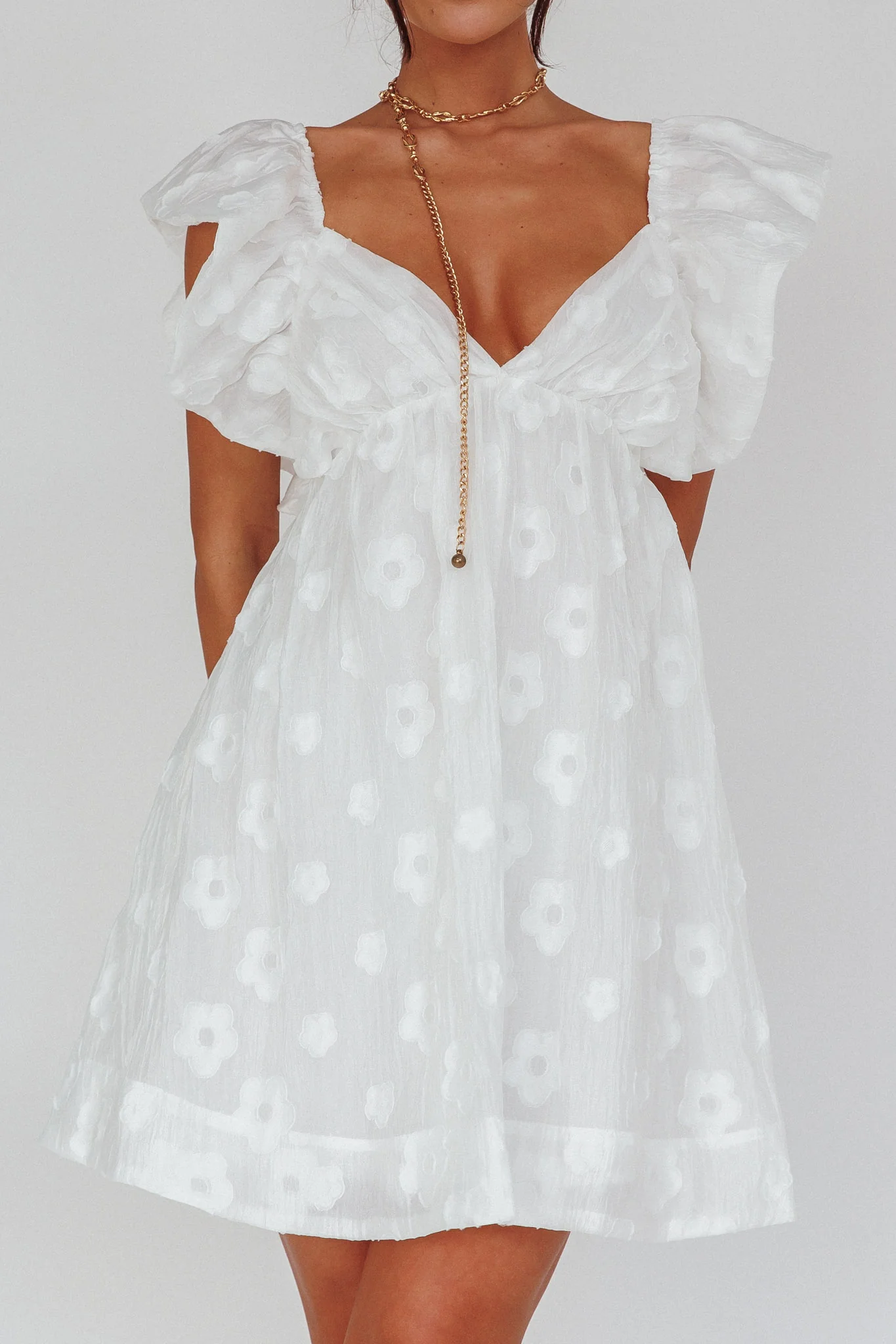 Melrose Place Floral Textured Frill Dress White - Image 4