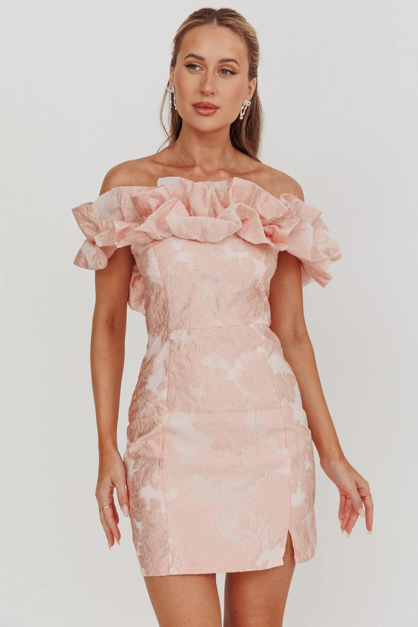 Memoire Off-Shoulder Jacquard Mini Dress Blush - Image 6