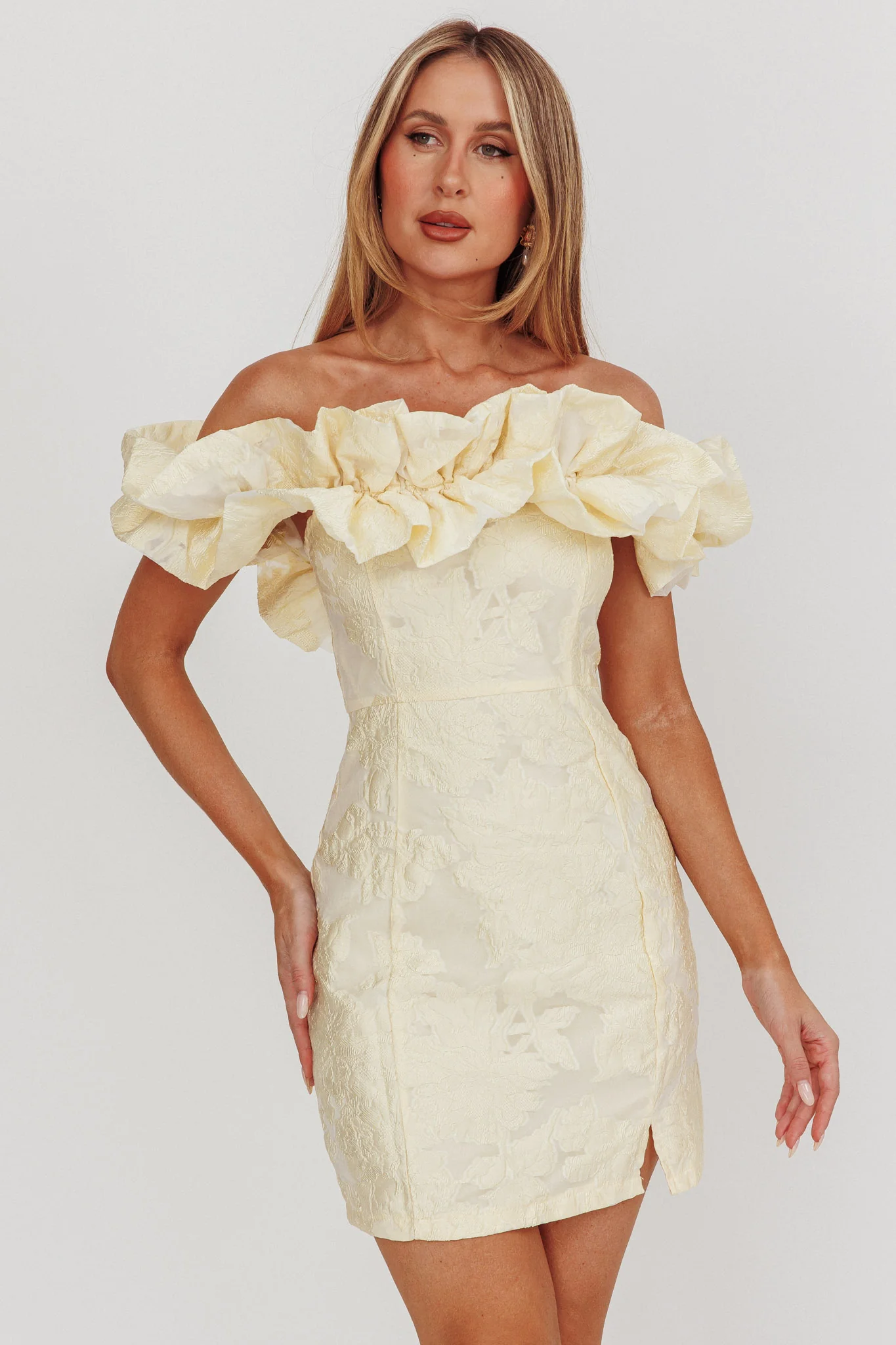 Memoire Off-Shoulder Jacquard Mini Dress Lemon - Image 5