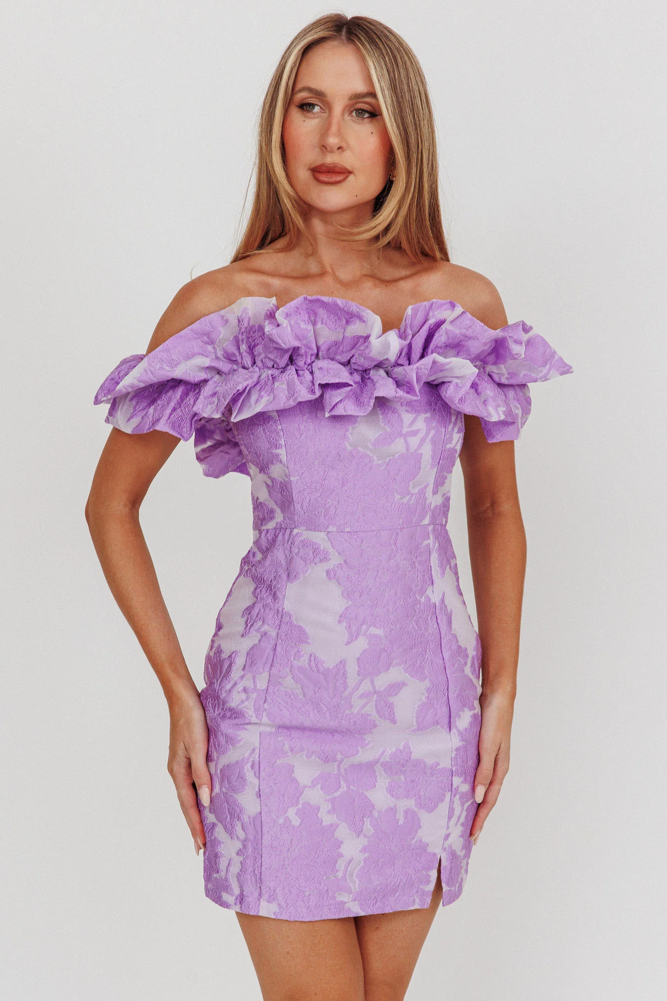 Memoire Off-Shoulder Jacquard Mini Dress Lilac - Image 6