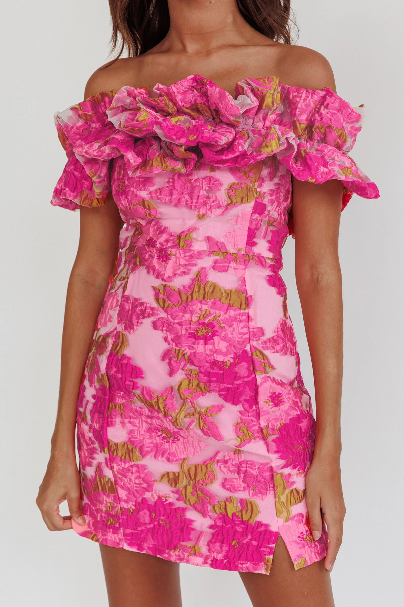 Memoire Off-Shoulder Textured Mini Dress Pink - Image 5
