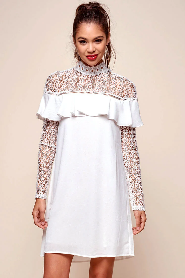 Mendes Lace Detailed High Neck Long Sleeved Dress White - Image 2