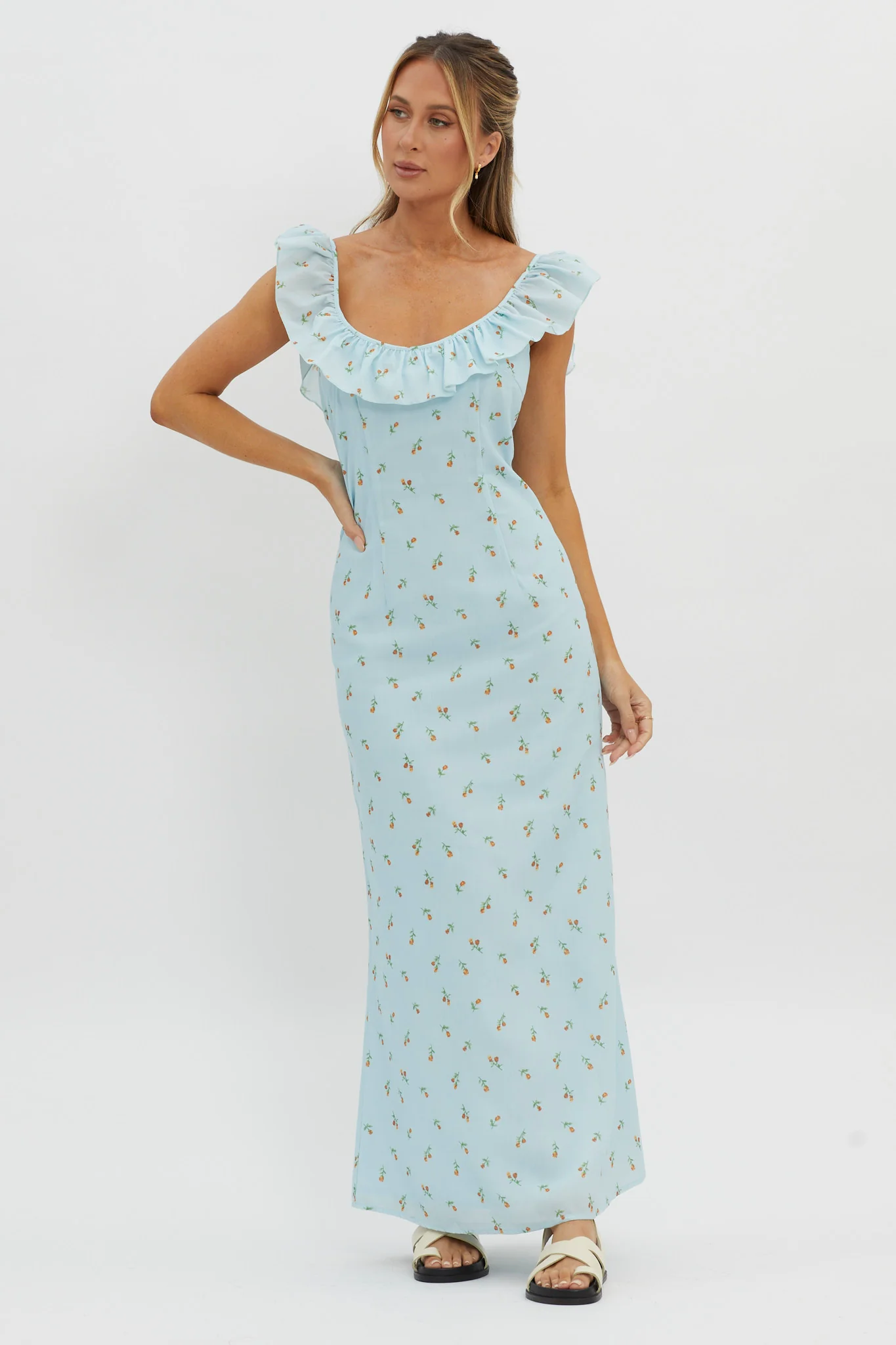 Merci Beaucoup Frill Neckline Maxi Dress Blue - Image 5