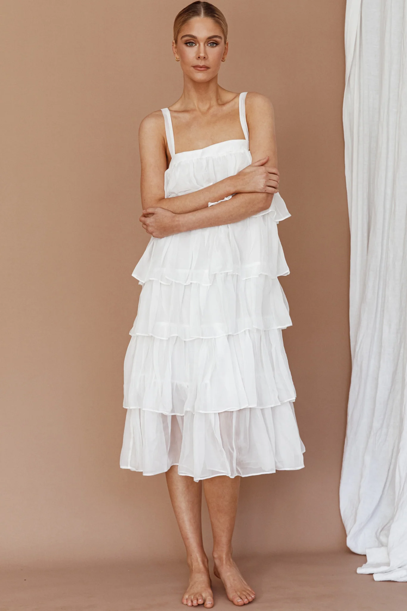 Merry Layered Frill Midi Dress White - Image 3