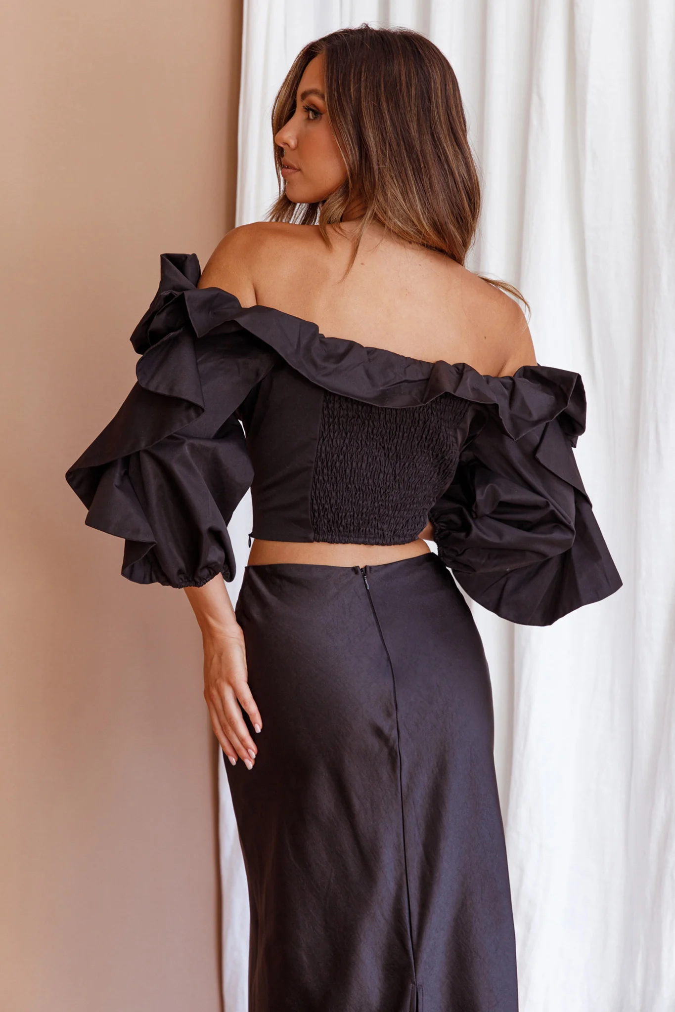 Midnight Mirage Puff Ruffle Crop Top Black - Image 2
