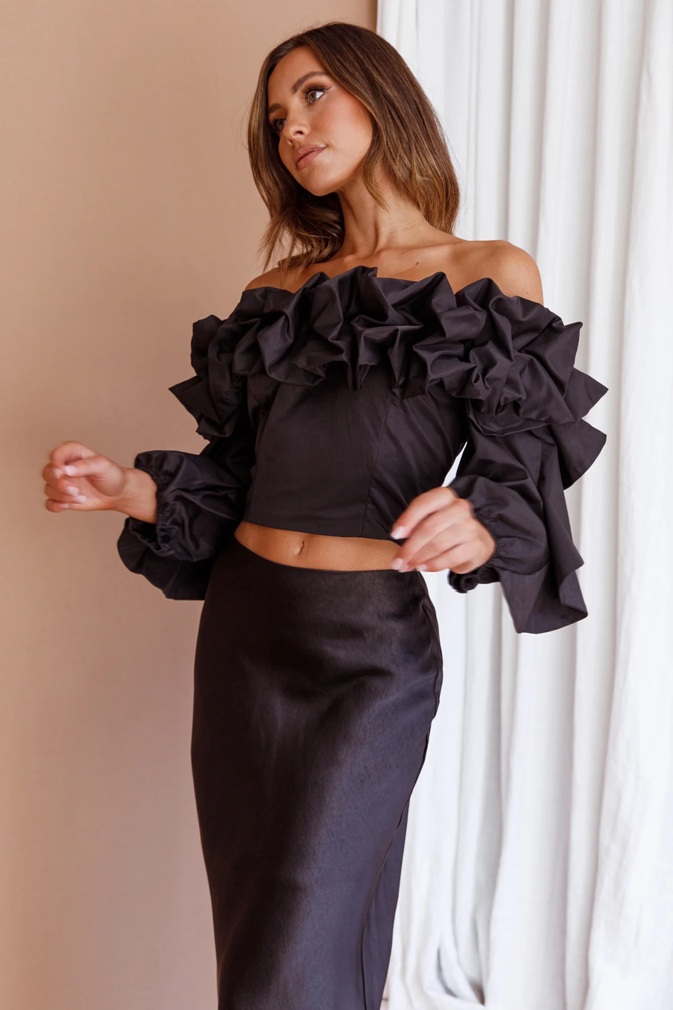 Midnight Mirage Puff Ruffle Crop Top Black - Image 5