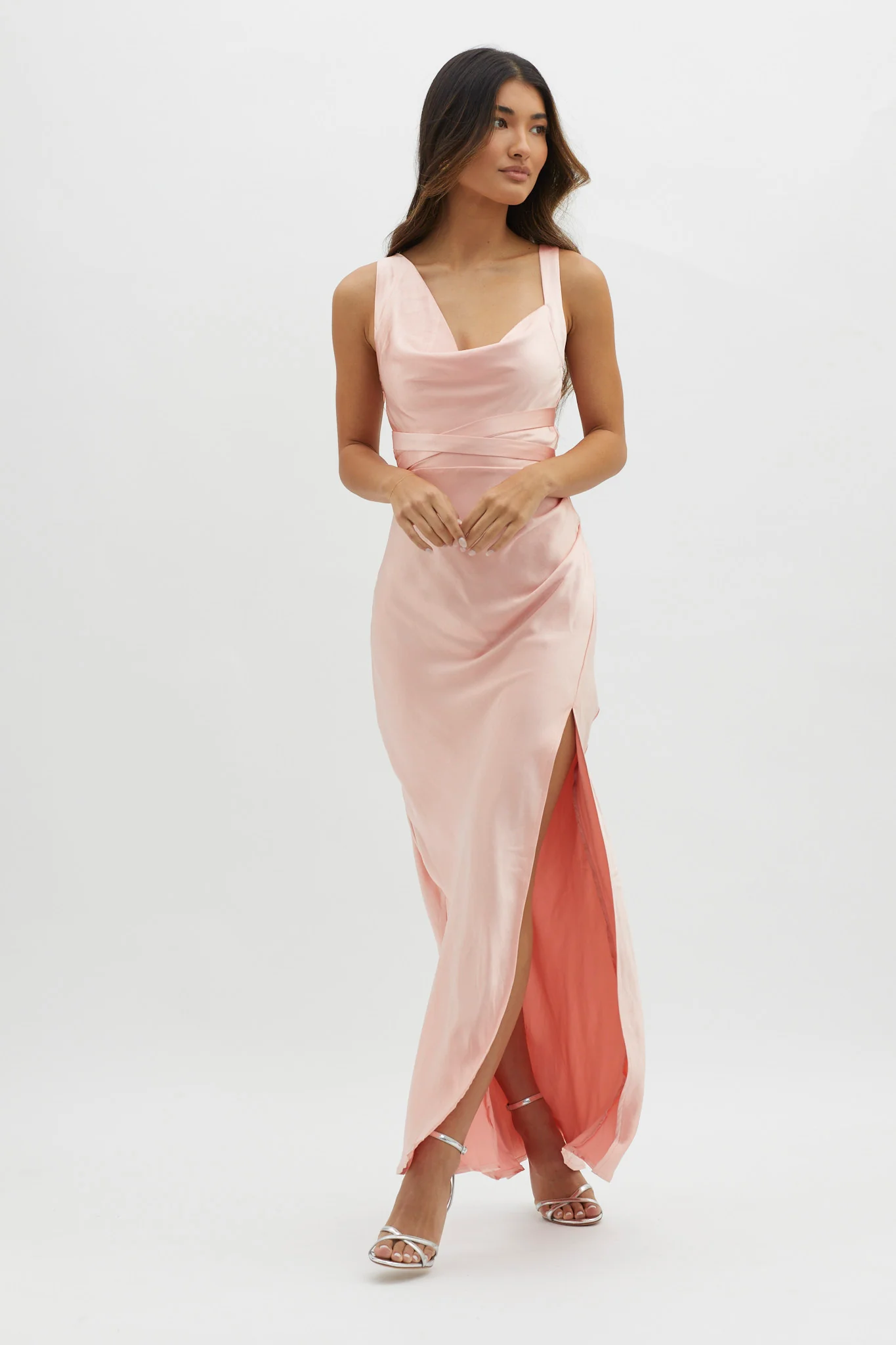 Midnight Sun Asymmetrical Strap Maxi Dress Apricot - Image 9