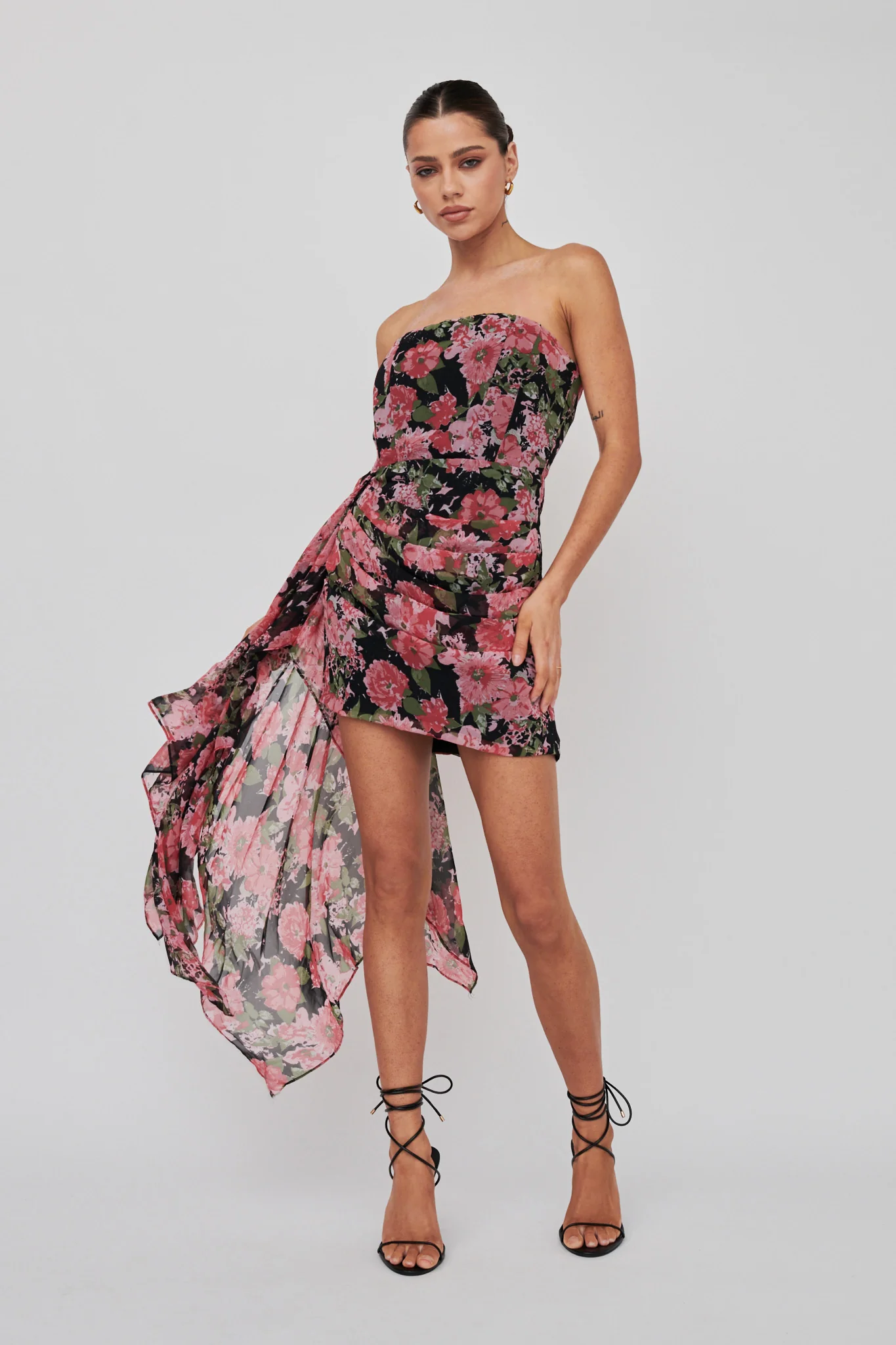 Midnight Sun Strapless Waist Sash Mini Dress Floral Black - Image 5